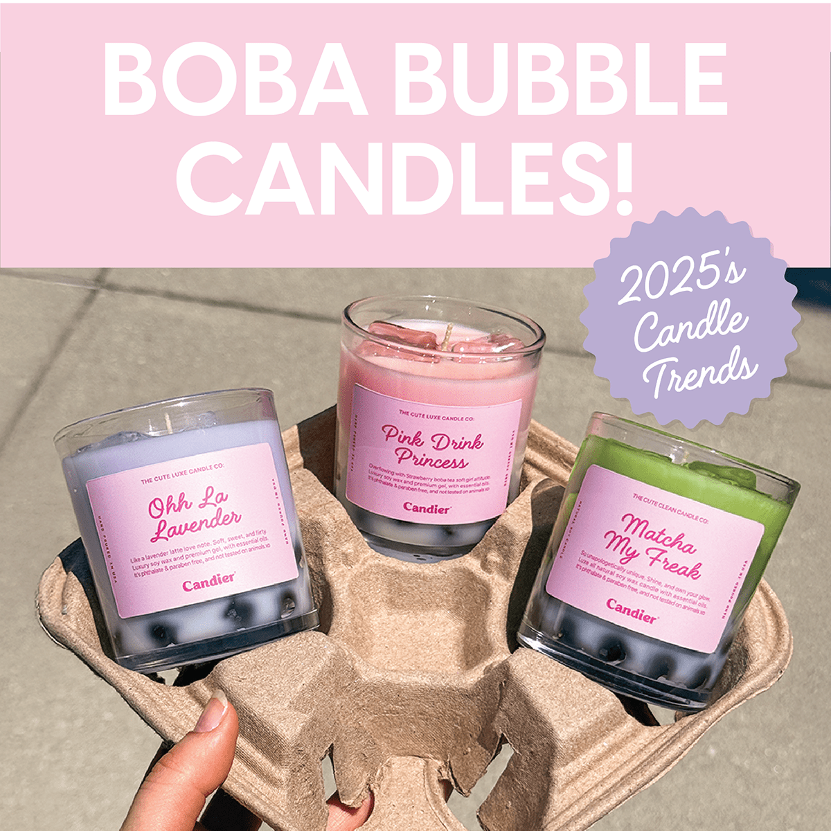 matcha candle and boba candles in starbucks coffee carrier