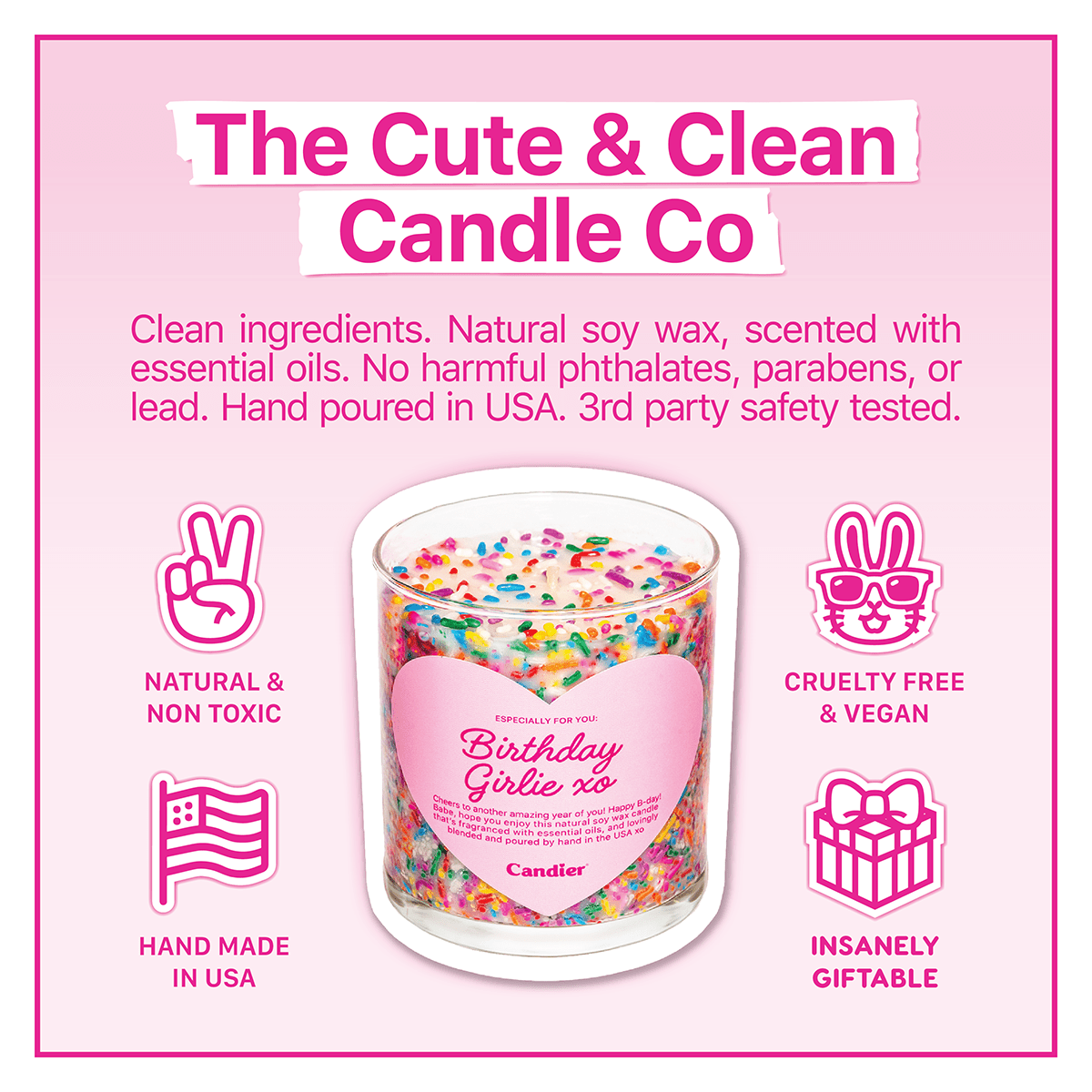 Why Candier is the best candle brands featuring iconic sprinkle birthday cake candle and cute pink aesthetic