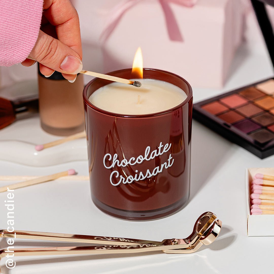 CROISSANT CANDLE by Candier, luxury desrt candle being lit by long safety match with cute pink aesthetic