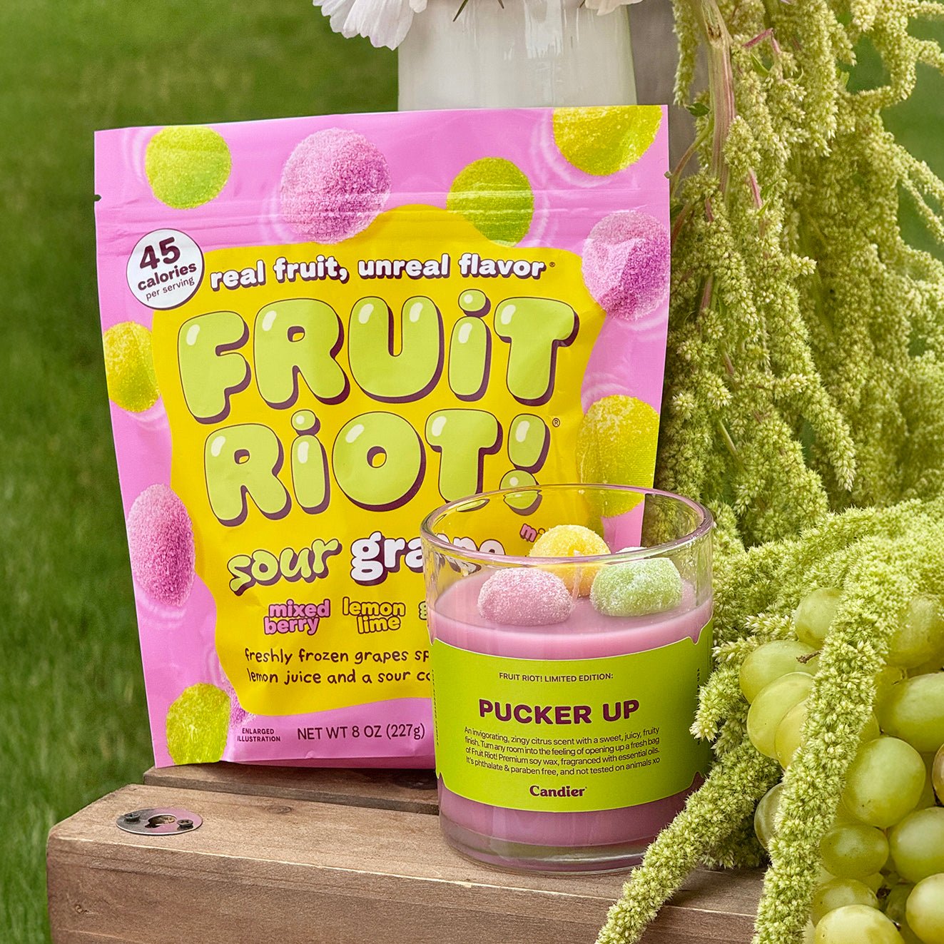 Candier Fruit Riot Sour Grapes candle paired with matching Fruit Riot candy packaging. A citrus candle with delectable, edible-inspired fragrance and nostalgic Y2K aesthetic design.
