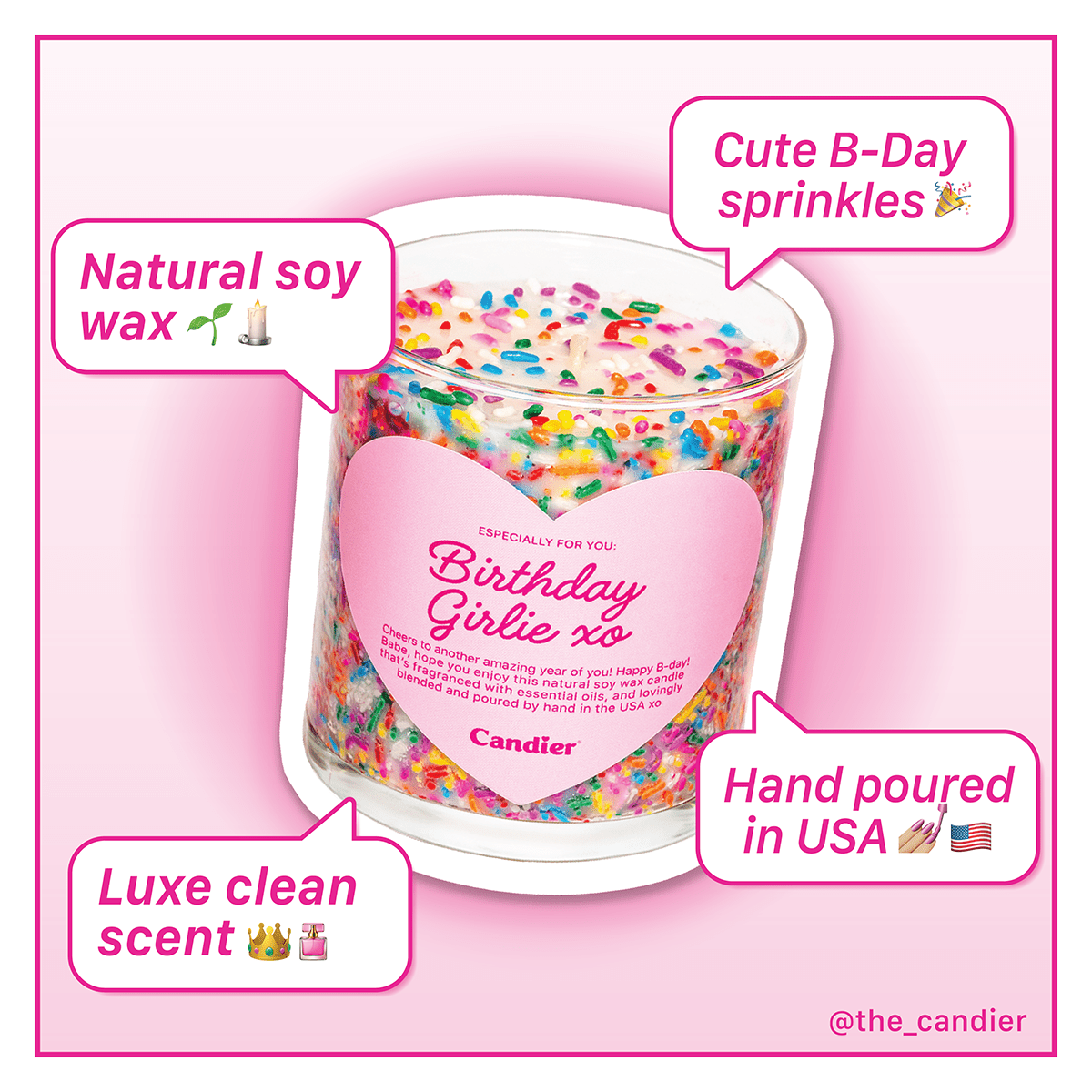 Candier iconic birthday candle with sprinkles and vanilla fragrance on cute soft girl era pink background. cute gifts for friends