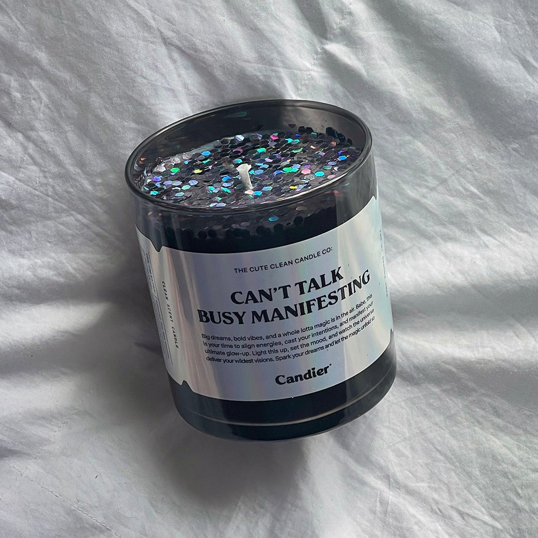 Candier Manifestation Candle CANT TALK BUSY MANIFESTING with sparkling plant based glitter