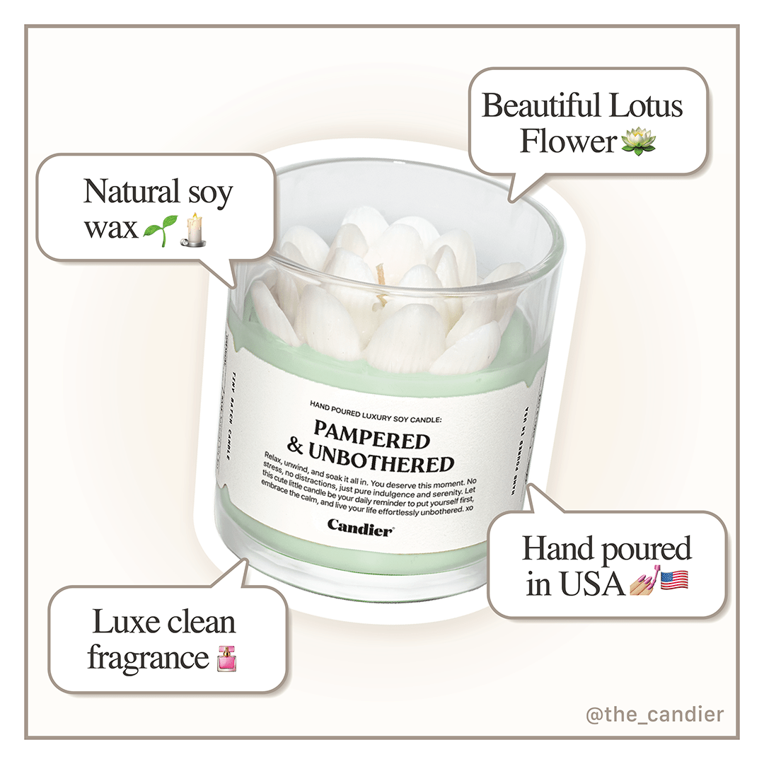Candier white lotus flower PAMPERED & UNBOTHERED spa candle with luxe clean scent made in USA