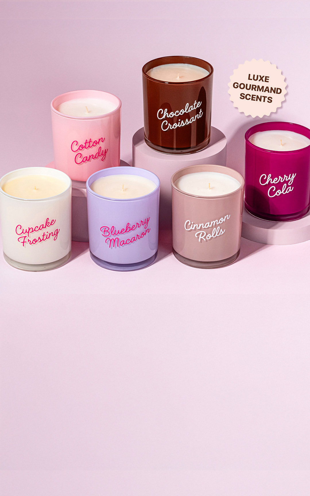 Candier luxury Dessert candles with vanilla fragrance and gourmand scent on soft girl era pink aesthetic background