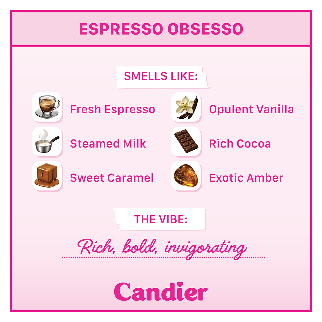 candier ESPRESSO OBSESSO COFFEE scented cute CANDLE. Pink aesthetic makes great coffee gift baskets