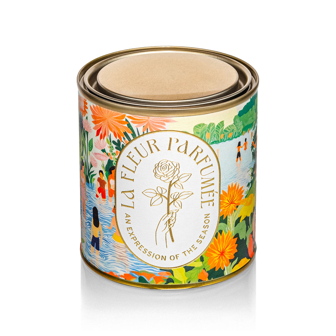 Front view of Candier Hamoa Beach aesthetic soy luxury candle with floral tropical aesthetic and best summer scent