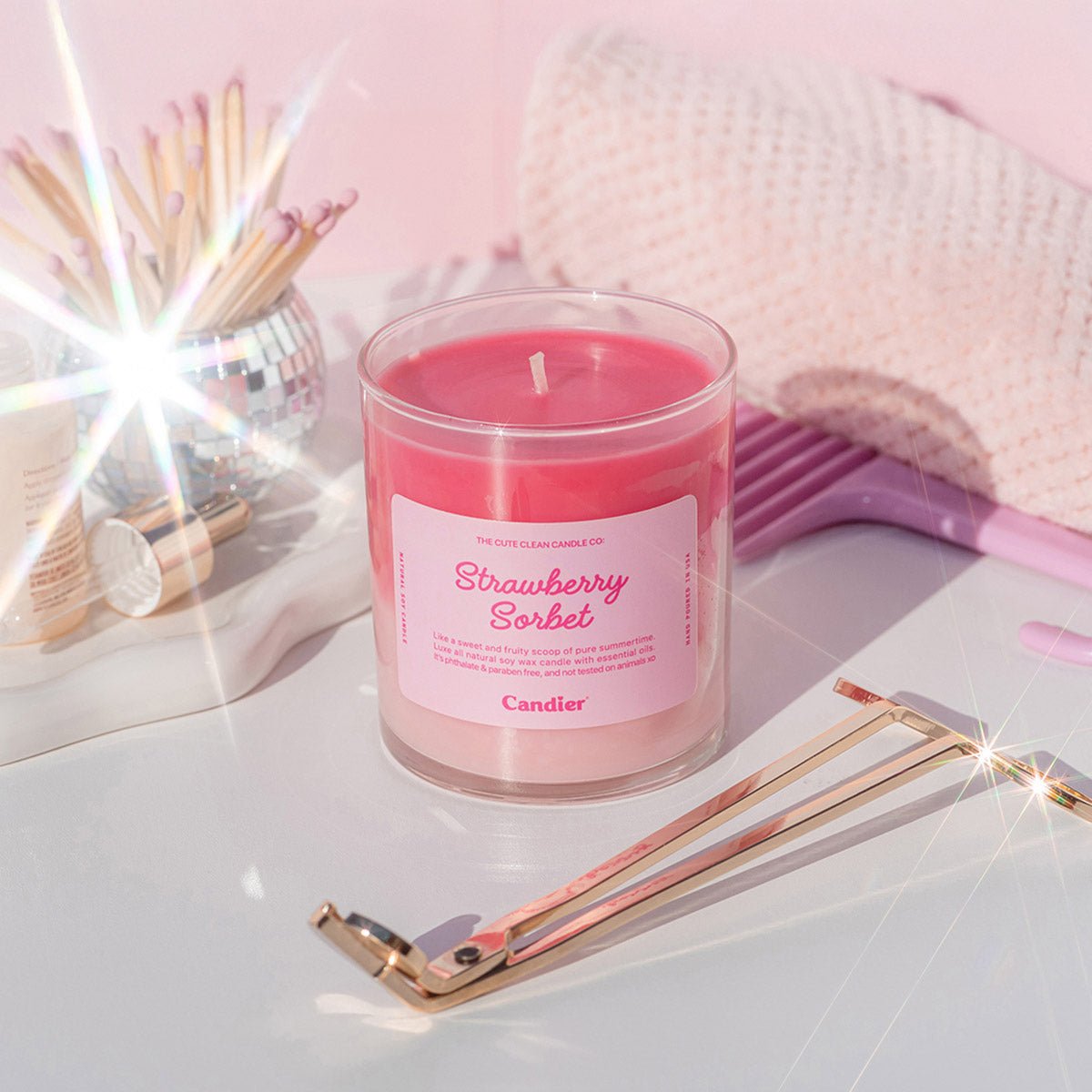 Cute pink candle STRAWBERRY SORBET by Candier. Dessert candle with best summer scents with soft girl era aesthetic