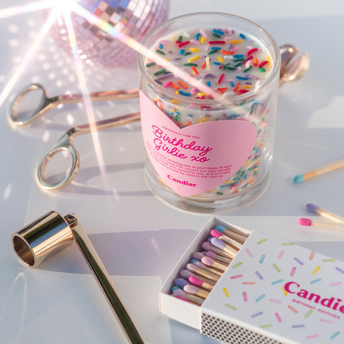 Birthday candle gift set by candier with gold wick trimmer, candle snuffer and colorful safety matches