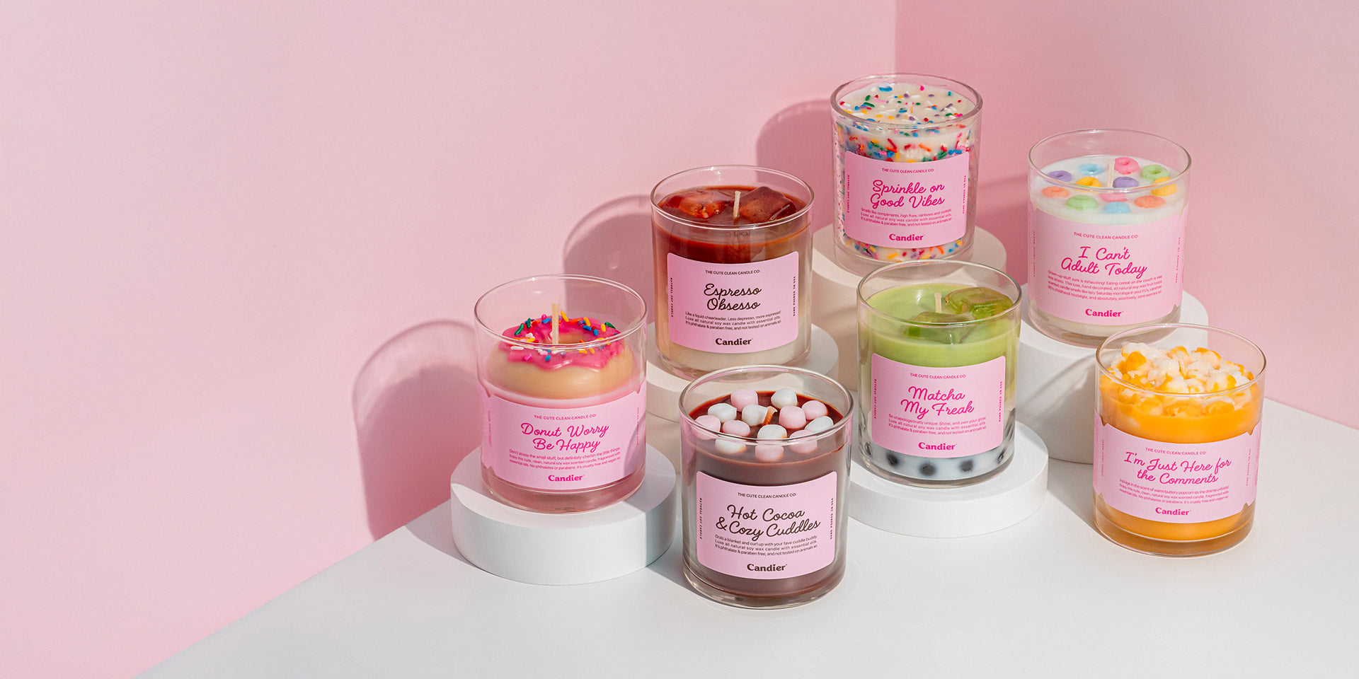 Candier cute Dessert candles with vanilla fragrance and gourmand scent on soft girl era pink aesthetic background