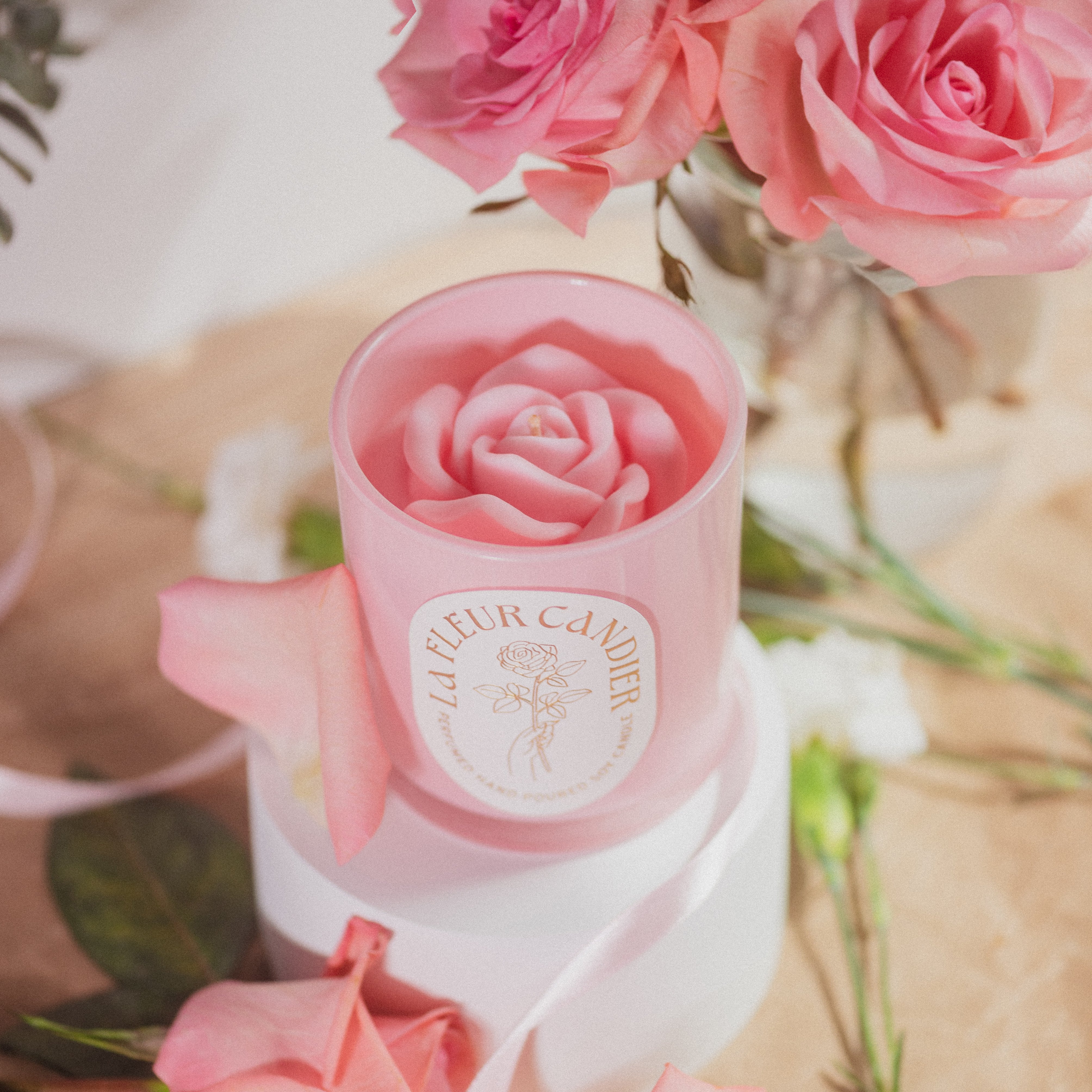 Romantic Candier flower candle styled with roses and ribbon, a pink aesthetic candle and cute gift for her with floral scent