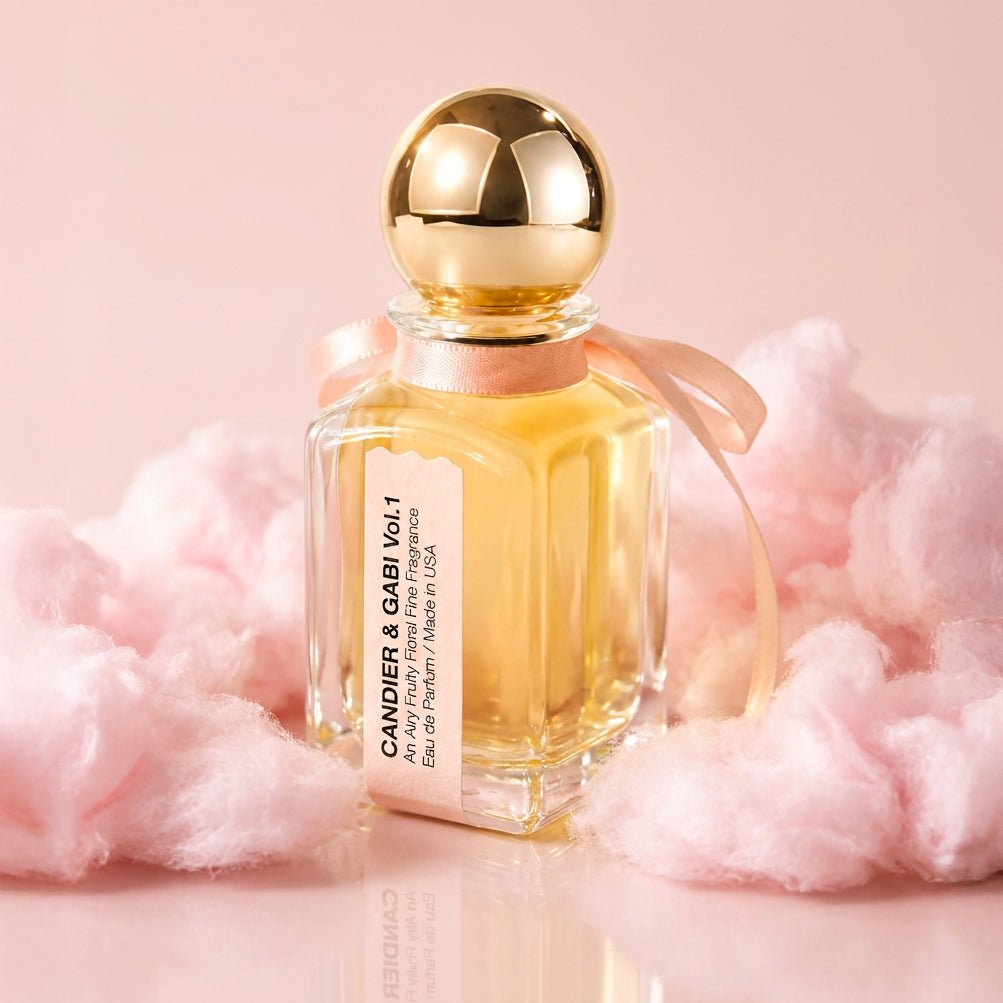 Front view of Candier x Gabi Pink Air perfume with a pink satin bow and spherical gold cap in warm studio with pink cotton candy floss