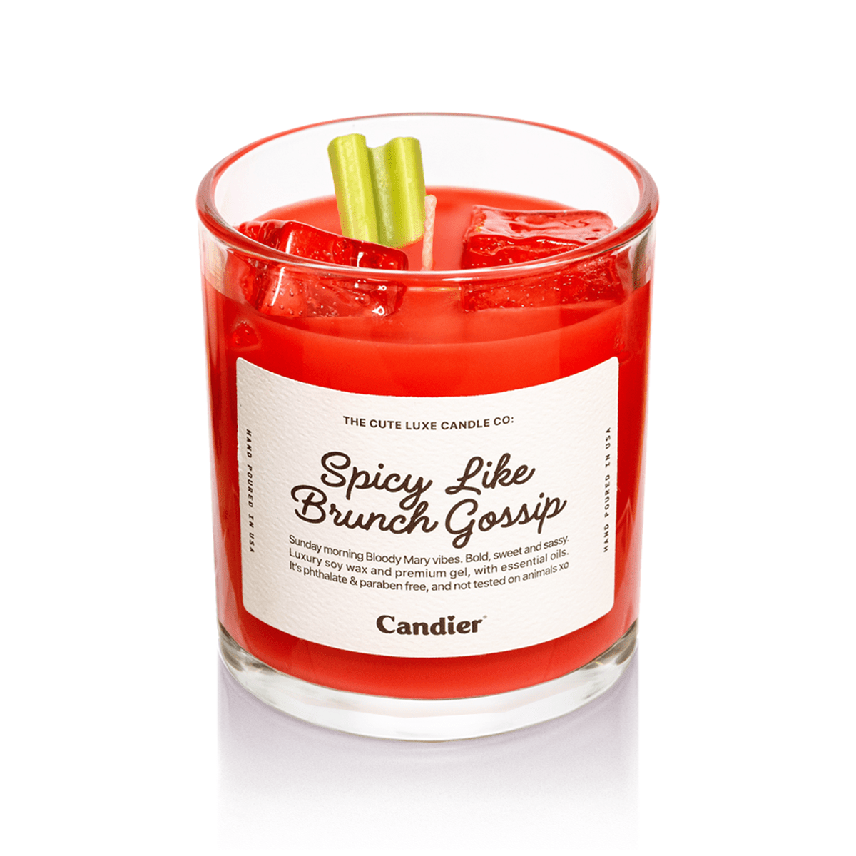 Candier Spicy Like Brunch Gossip tomato leaf candle – luxury clean-scent Bloody Mary candle, hand-poured in the USA with soy wax, realistic gel ice cubes, and celery garnish.
