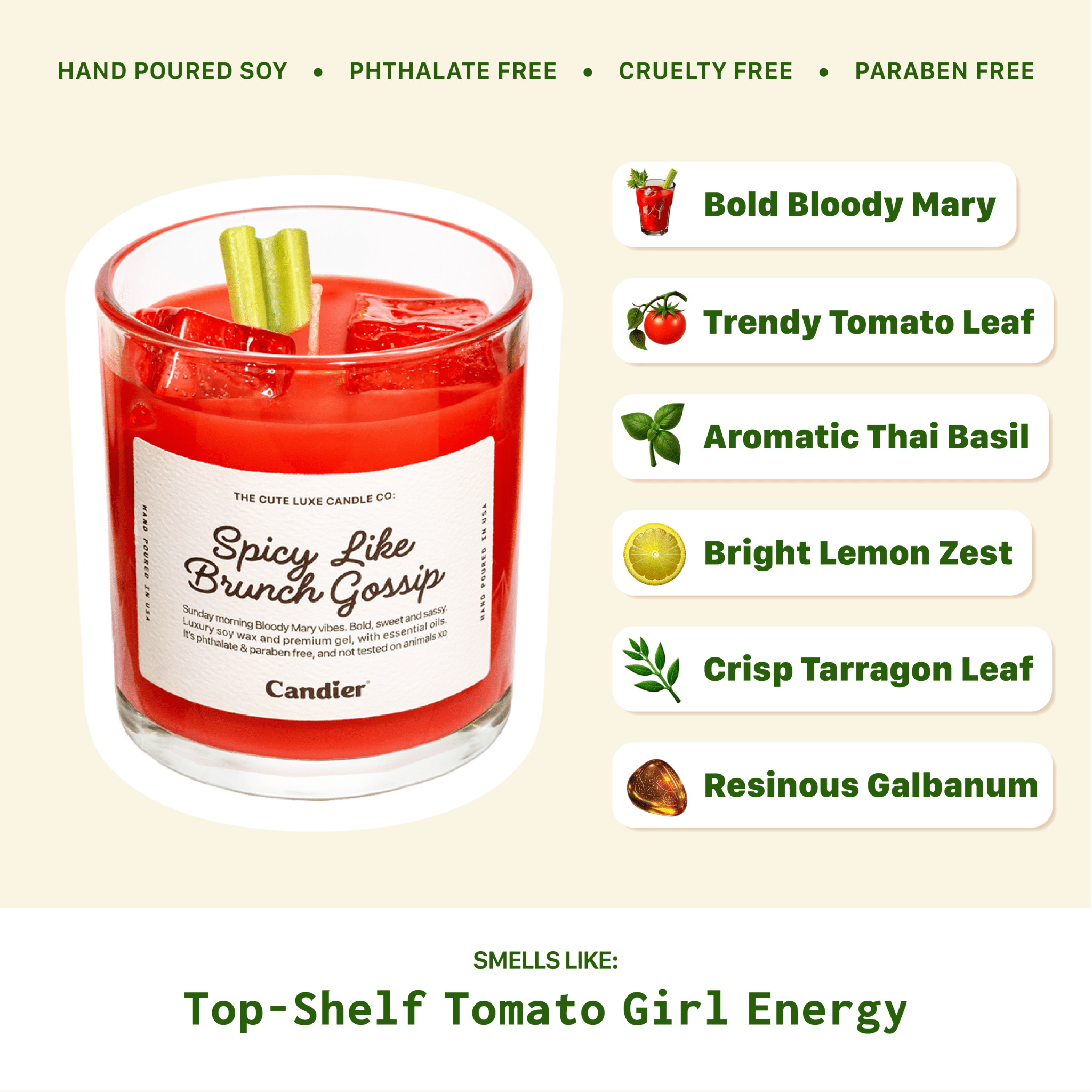 Tomato candle ingredient notes graphic – bold Bloody Mary, trendy tomato leaf, aromatic Thai basil, bright lemon zest, crisp tarragon leaf, and resinous galbanum.