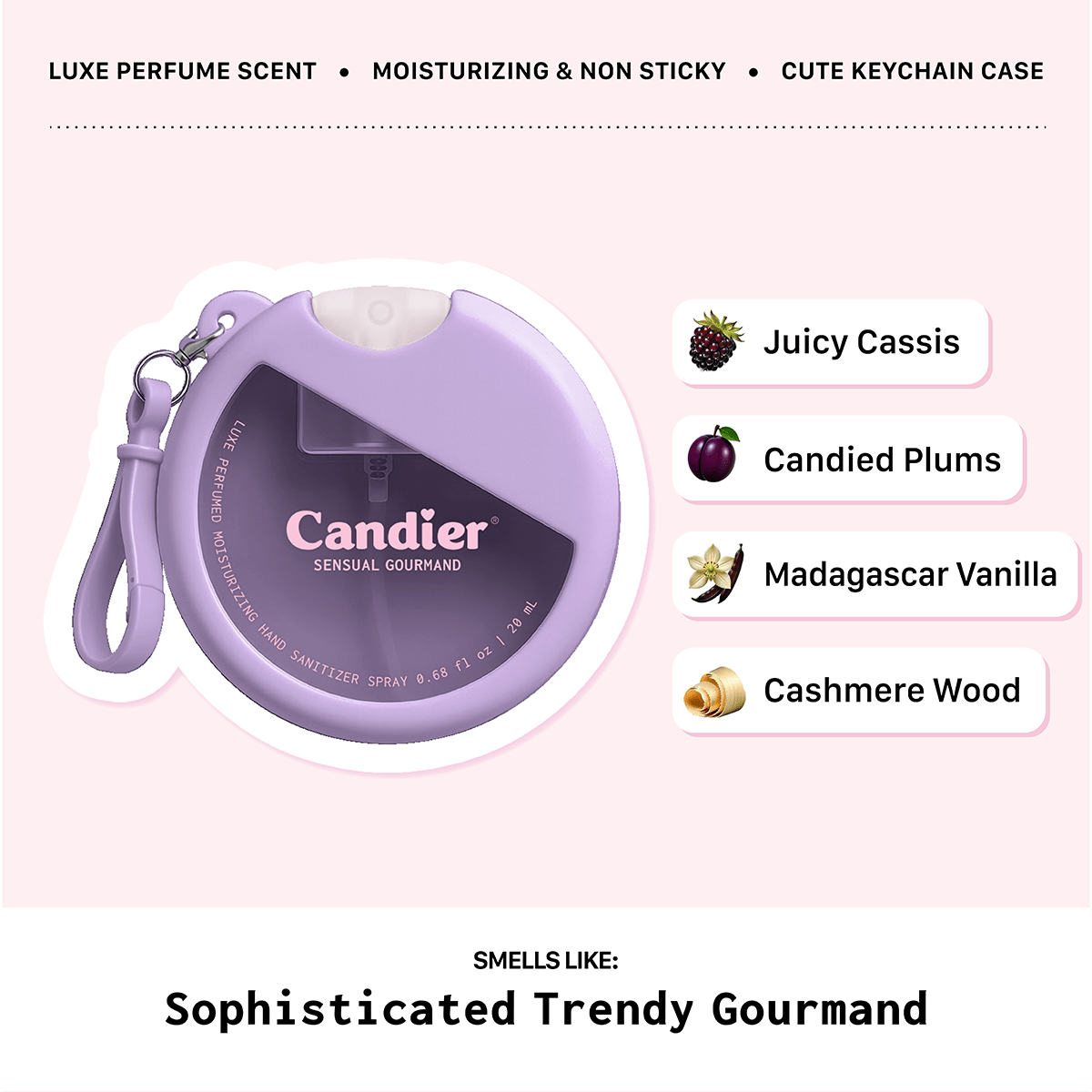 Candier Scented moisturizing hand sanitizer that smells like perfume with gourmand scent and cute travel holder keychain