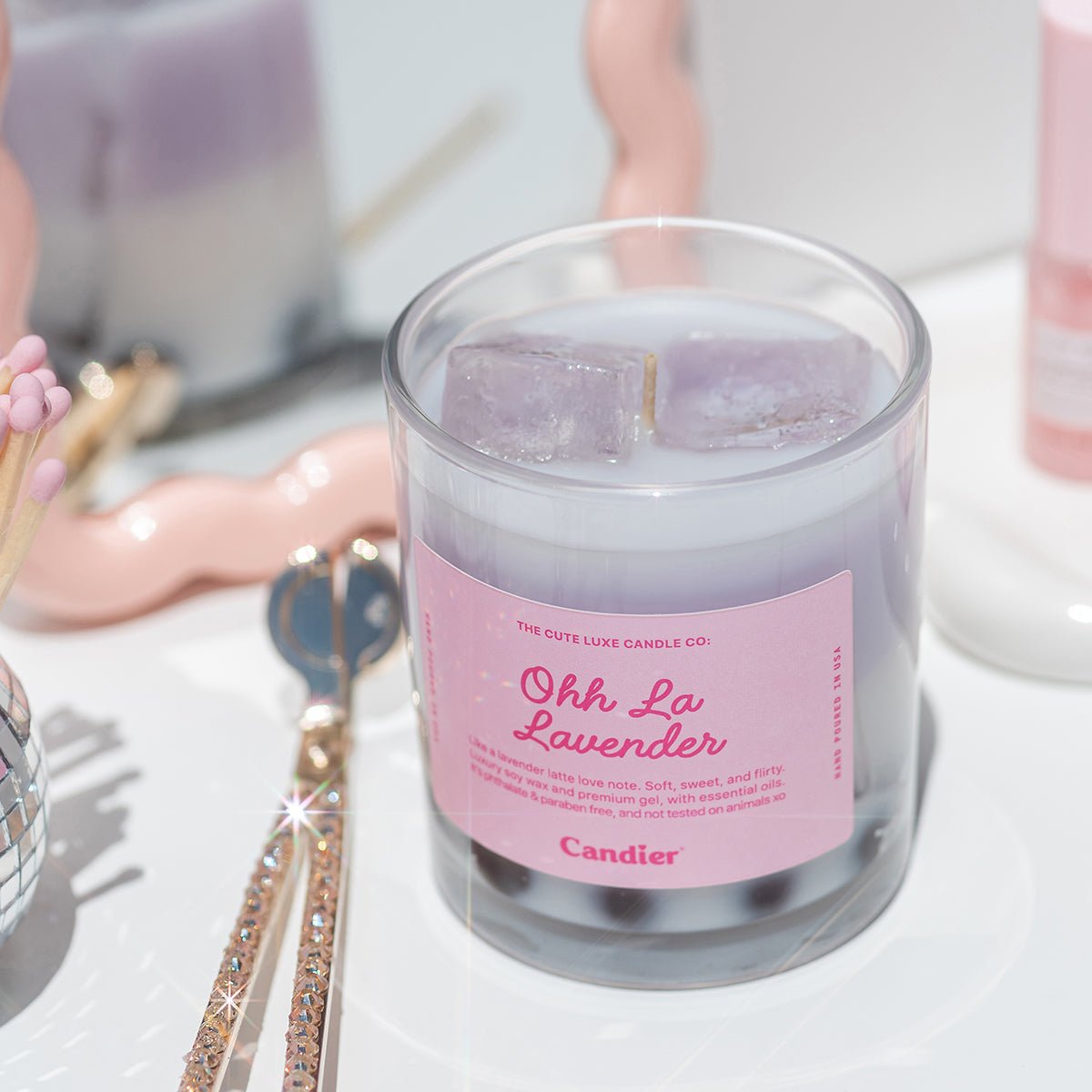 Purple lavender candle with a pink aesthetic that looks like real matcha boba latte tea