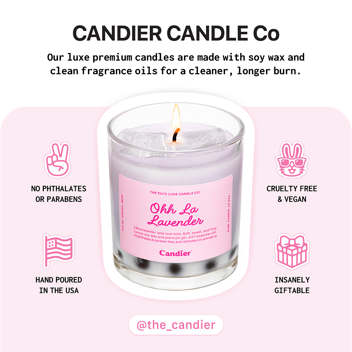 Candier dessert candle with a soft girl pink label on a white background, featuring text about about why Candier best candle brands