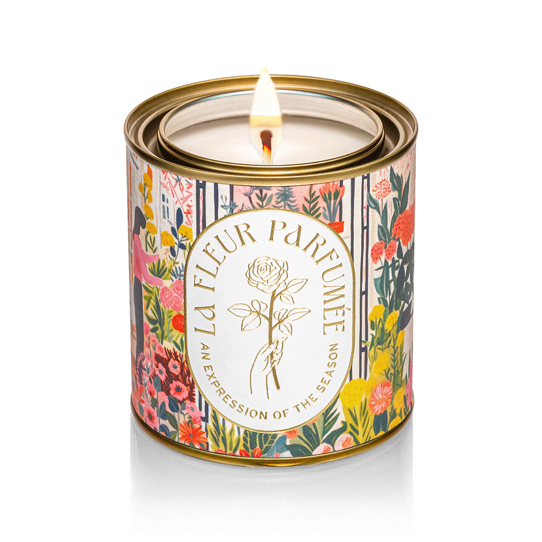 Luxury candle from La Fleur Candier with floral scent, soy wax, and NYC-inspired label â perfect for modern aesthetic decor