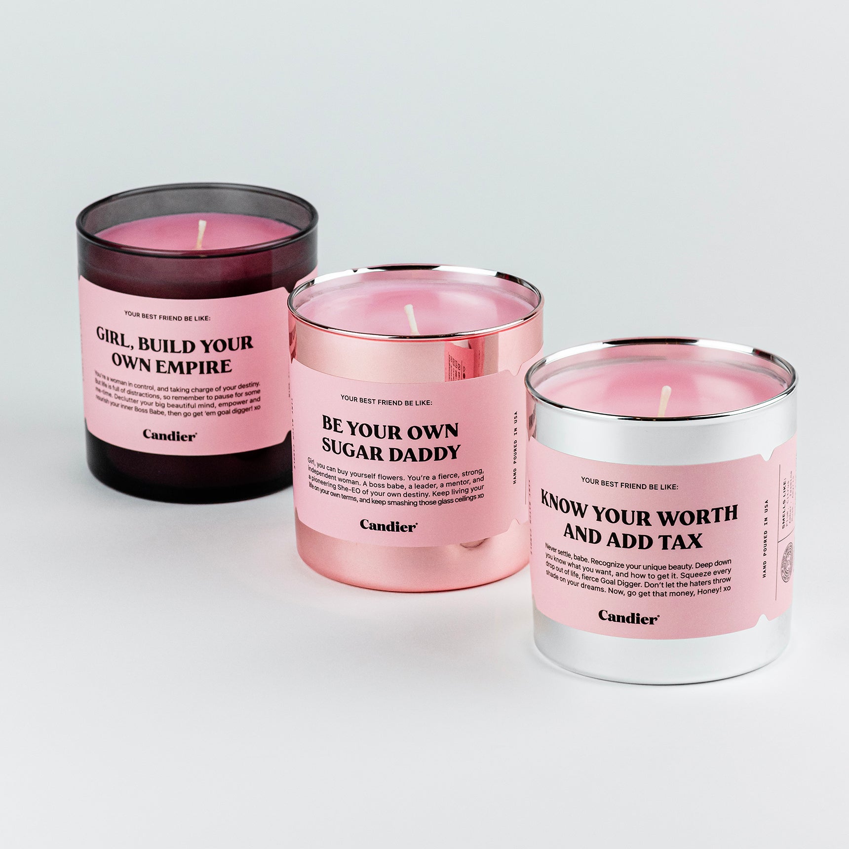 three girl power themed candles with empowering female messaging