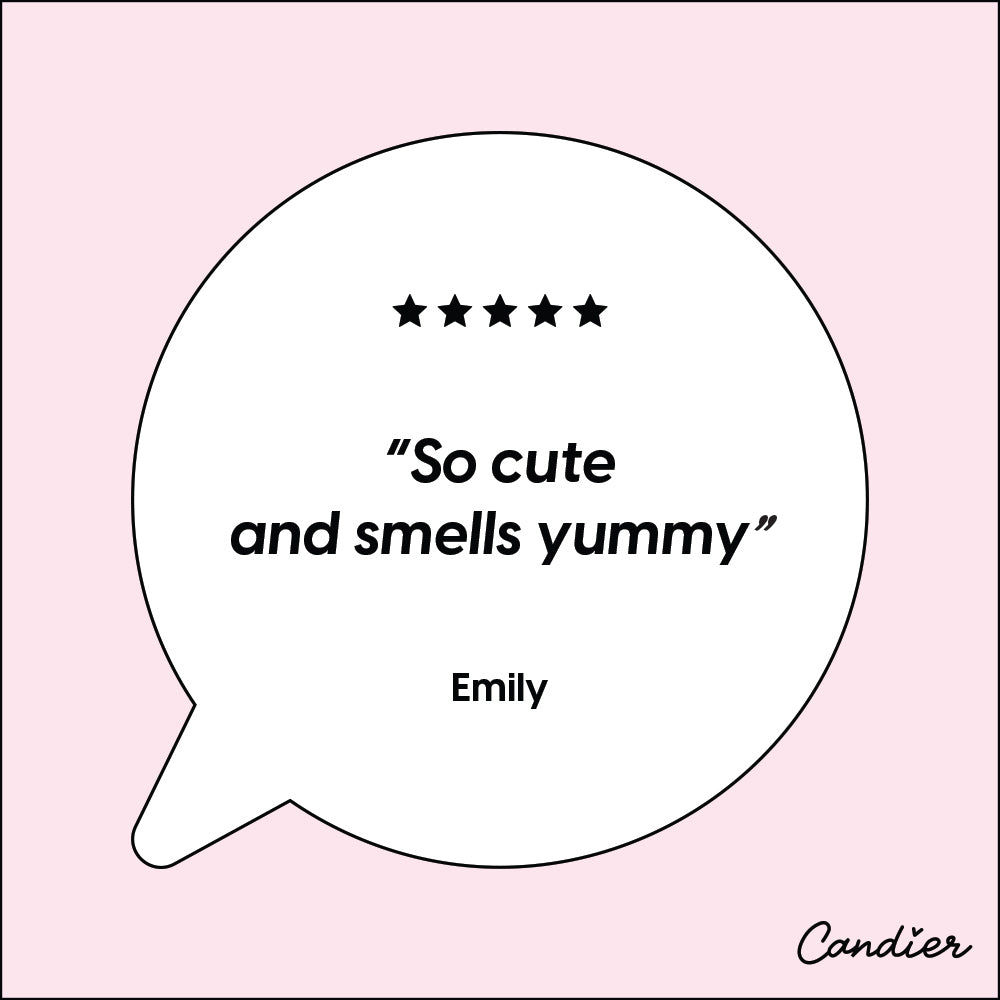 A 5 star customer review that reads "So cute and smells yummy", by Emily