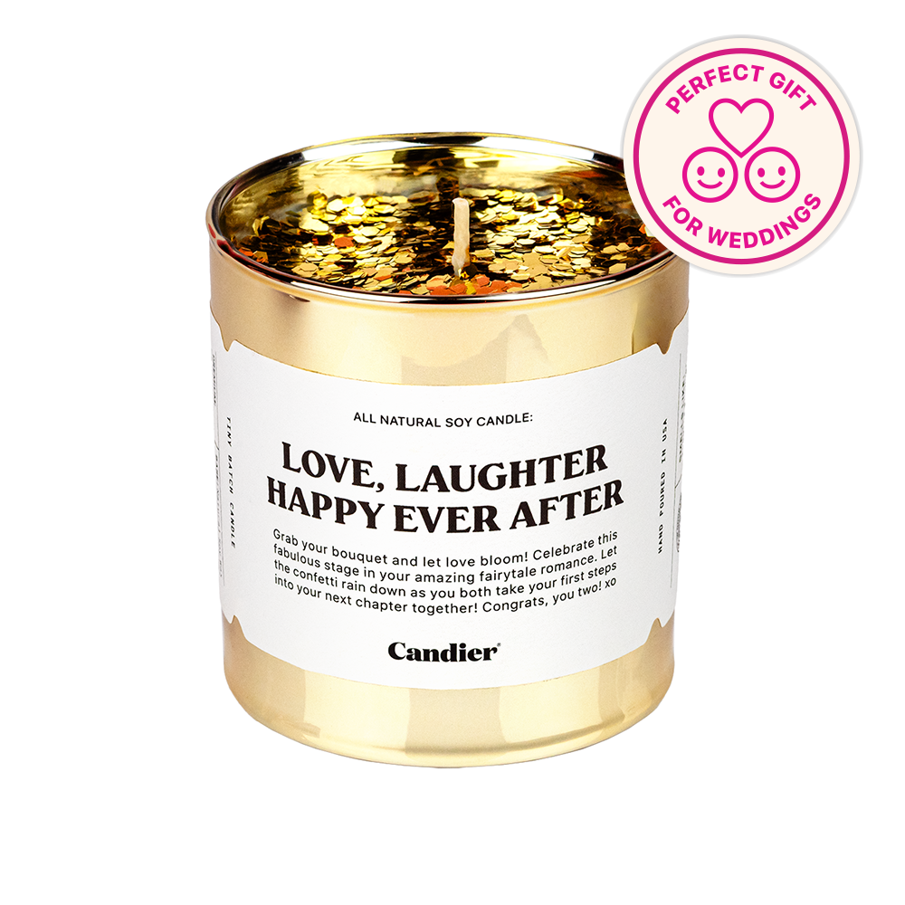 a shiny gold candle with sparkling glitter on top and a label that reads love laughter happy ever after and a banner that says perfect gift for weddings 