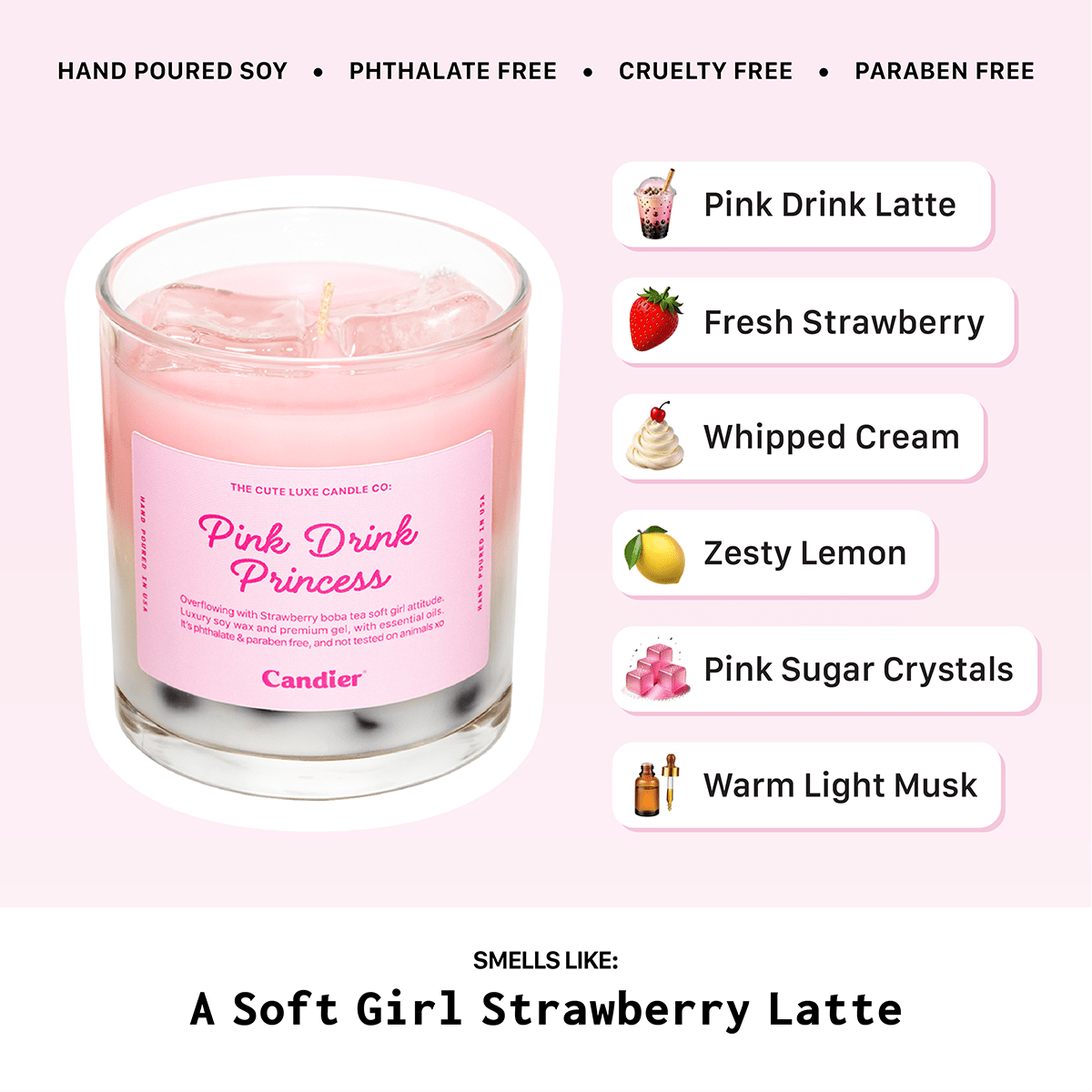 Pink candle labeled 'Pink Drink Princess' with fragrance notes. Cute candles by candier with soft girl era aesthetic