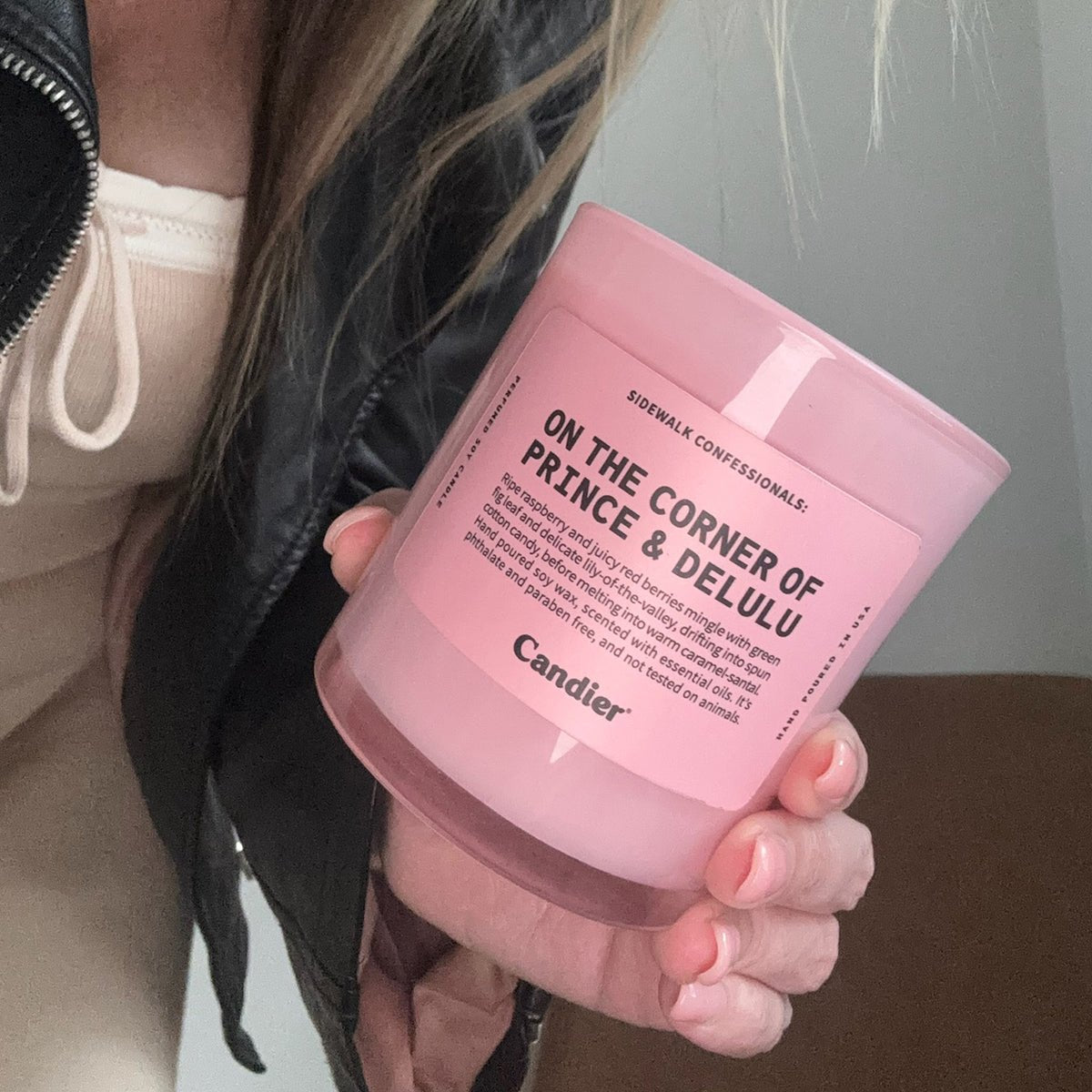 Candier On the Corner of Prince and Delulu candle handheld, NYC candle and cute gifts for her with pink aesthetic