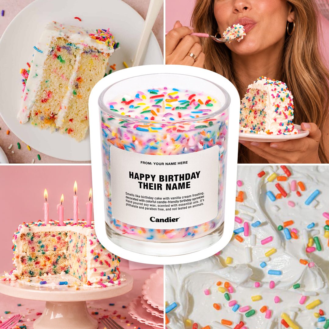 Custom birthday candles with birthday party mood imagery of birthday cake and cute girl eating cake