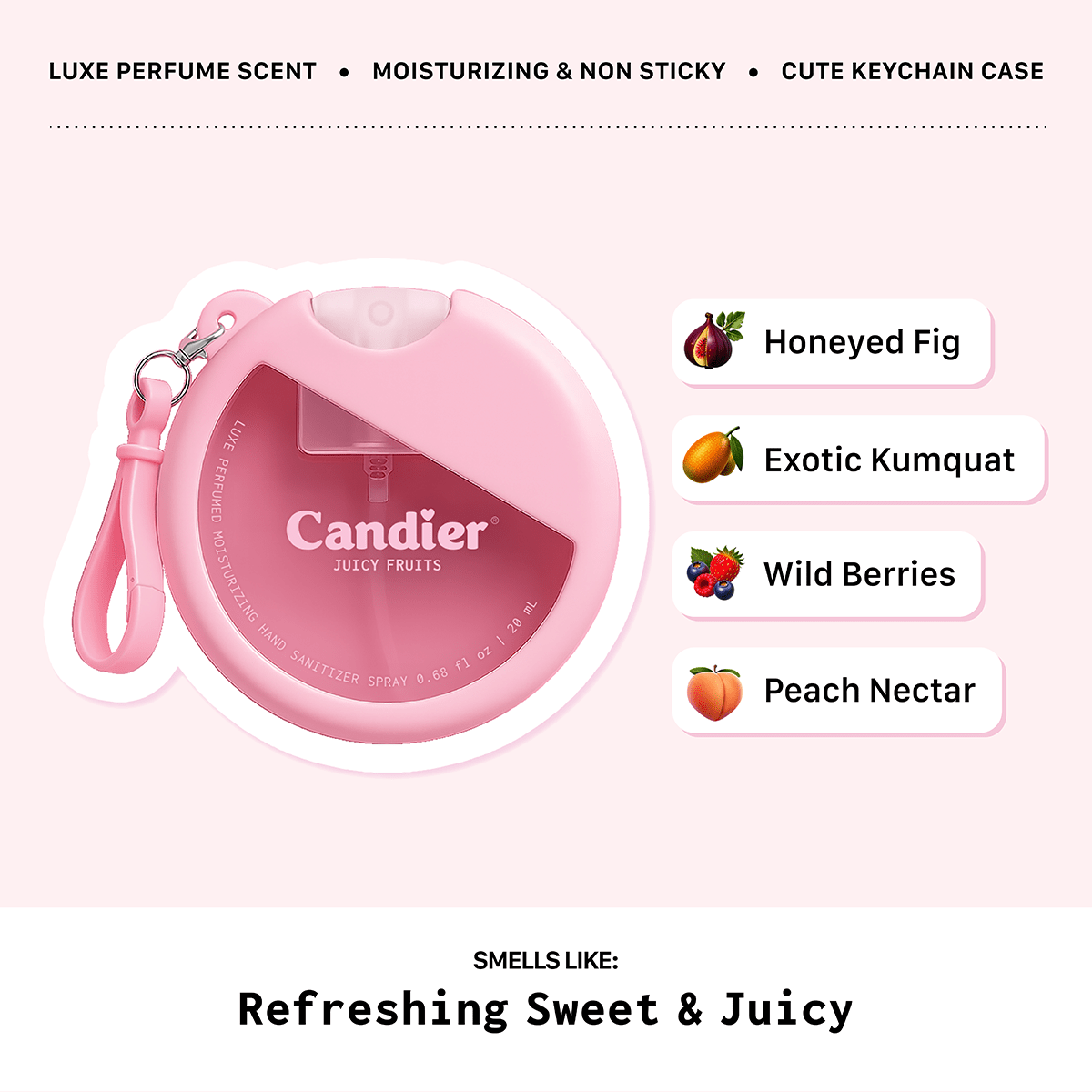 Candier Juicy Fruits Scented hand sanitizer with sweet fragrance notes and fruity gourmand scent
