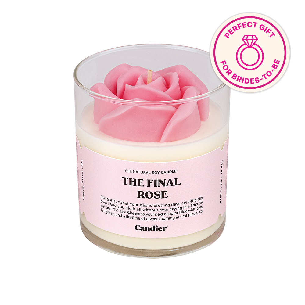 a sculpted rose candle with a label that reads The Final Rose and a banner that says perfect gift for brides to be