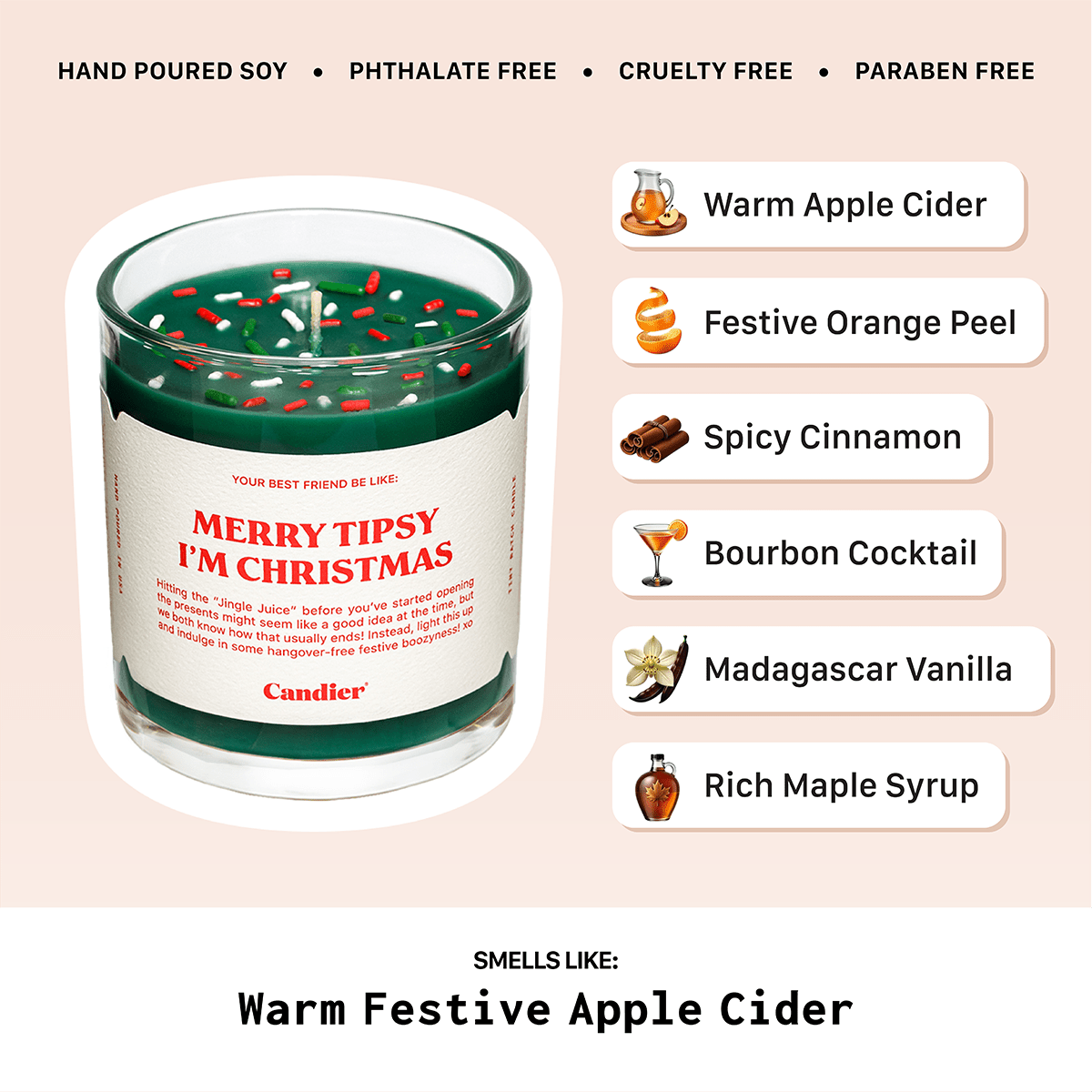 Scent notes for Candier apple cinnamon candle (apple cider, cinnamon, vanilla) — from the best candle brands; ideal for 12 days of Christmas gifts.