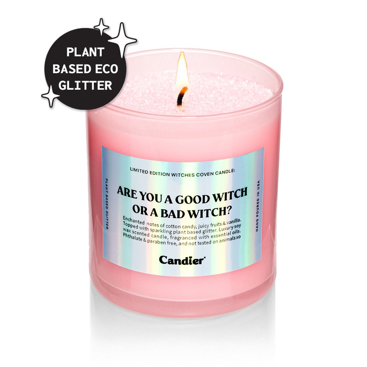CandierĀ® Are You a Good Witch or a Bad Witch candle in pink glass with plant-based eco glitter, a cute luxe Halloween candle thatās perfect for soft girl aesthetic dĆ©cor or as a unique gift for friends.