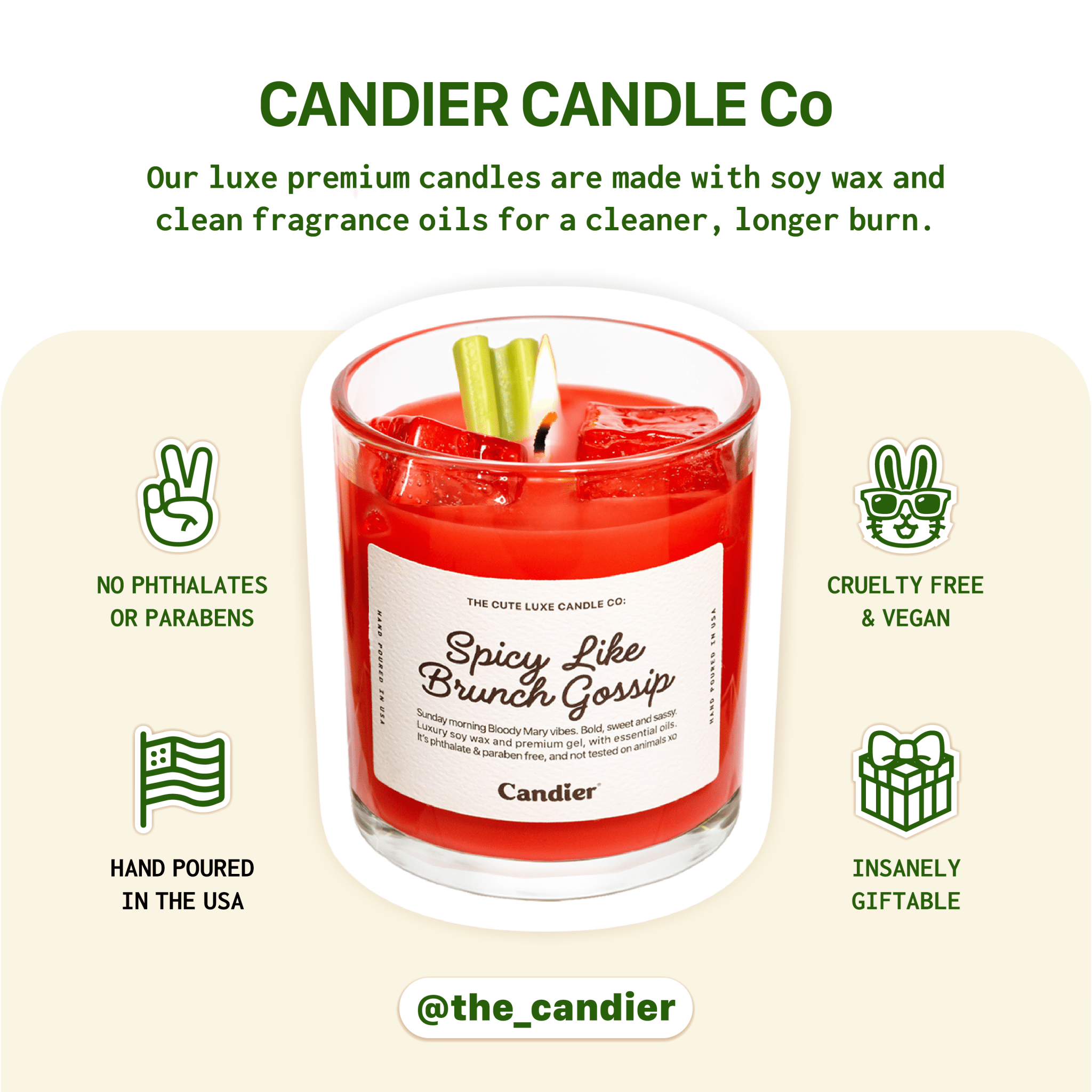 Candier Bloody Mary candle brand features graphic – premium soy tomato scented candle with cruelty-free, phthalate-free formula and brunch-inspired cocktail vibe