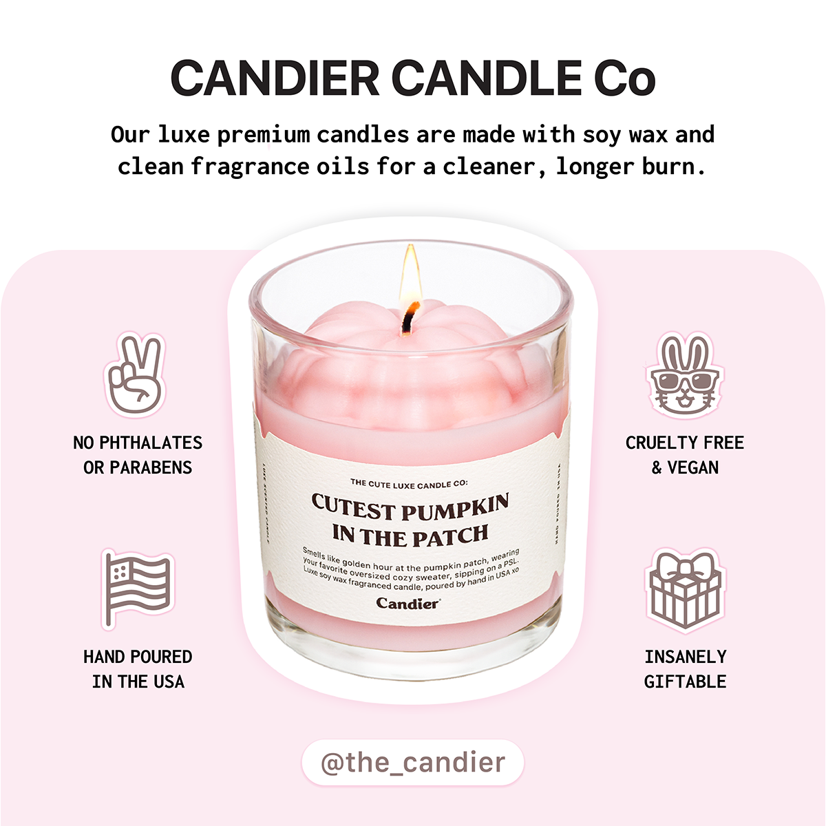 Candier candles branding graphic with Cutest Pumpkin in the Patch. One of the best candle brands for cute gifts and luxe fall candles.
