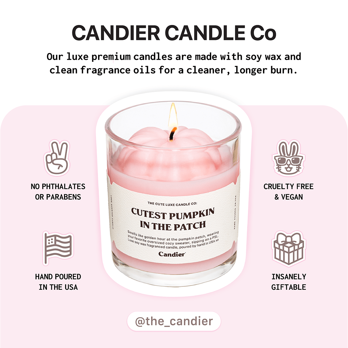 Candier candles branding graphic with Cutest Pumpkin in the Patch. One of the best candle brands for cute gifts and luxe fall candles.