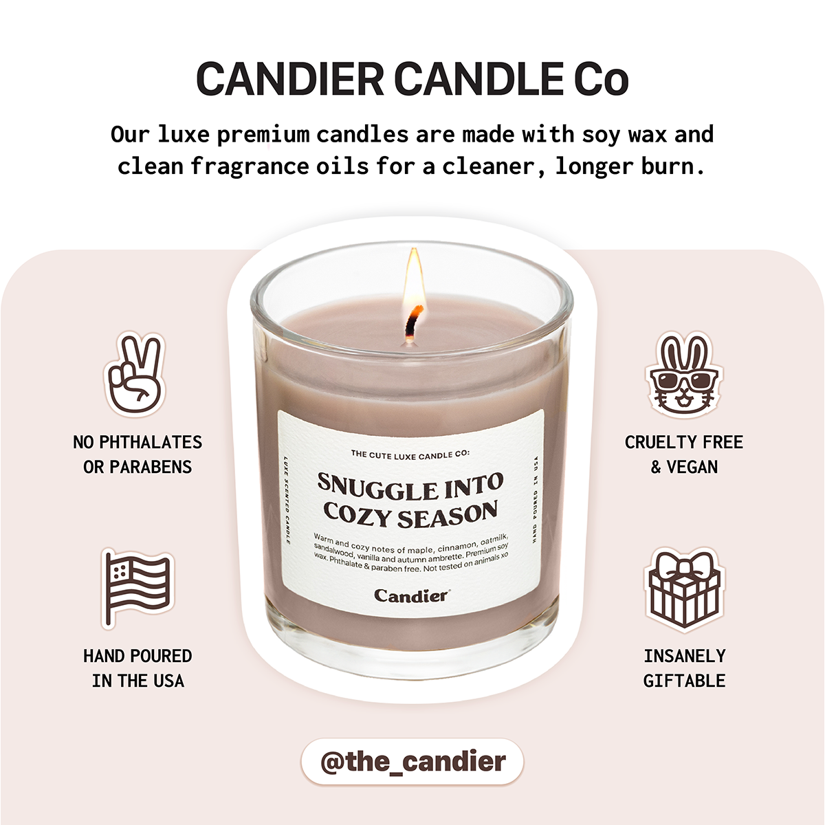 Candier candle Snuggle Into Cozy Season shown in luxe aesthetics style, a cozy cashmere candle and pretty candle made with clean ingredients.
