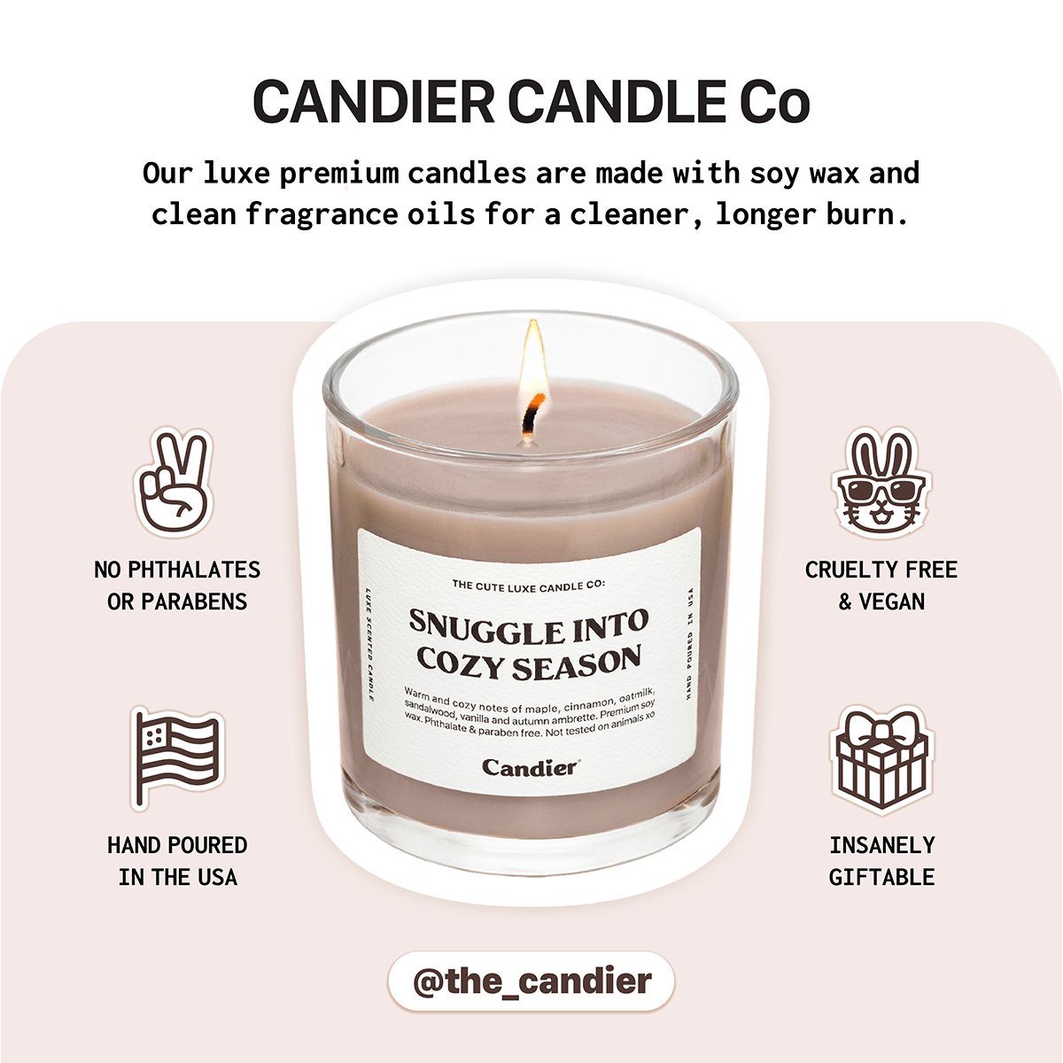 Candier candle Snuggle Into Cozy Season shown in luxe aesthetics style, a cozy cashmere candle and pretty candle made with clean ingredients.