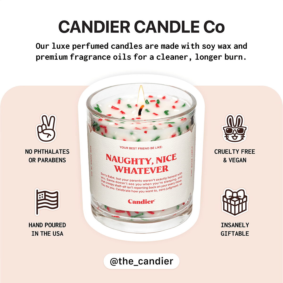 Candier candles info—hand-poured clean soy, cruelty-free; from one of the best candle brands for luxe aesthetics and gifting.