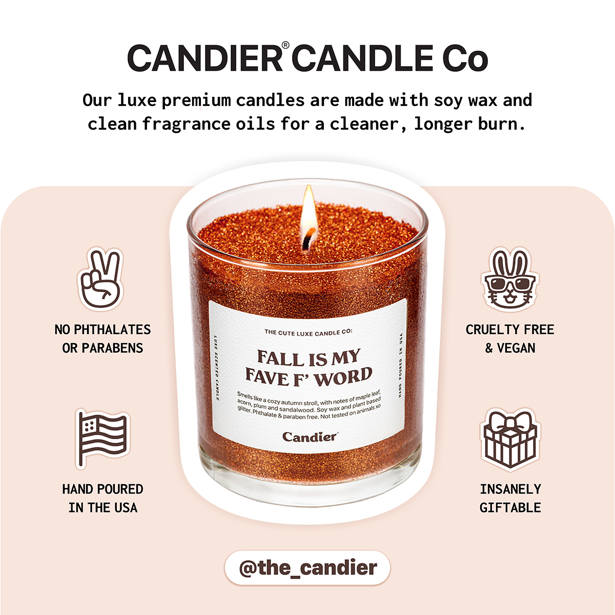 Candier candles, one of the best candle brands, featuring the Fall Is My Fave F Word cute candle with plant based glitter.