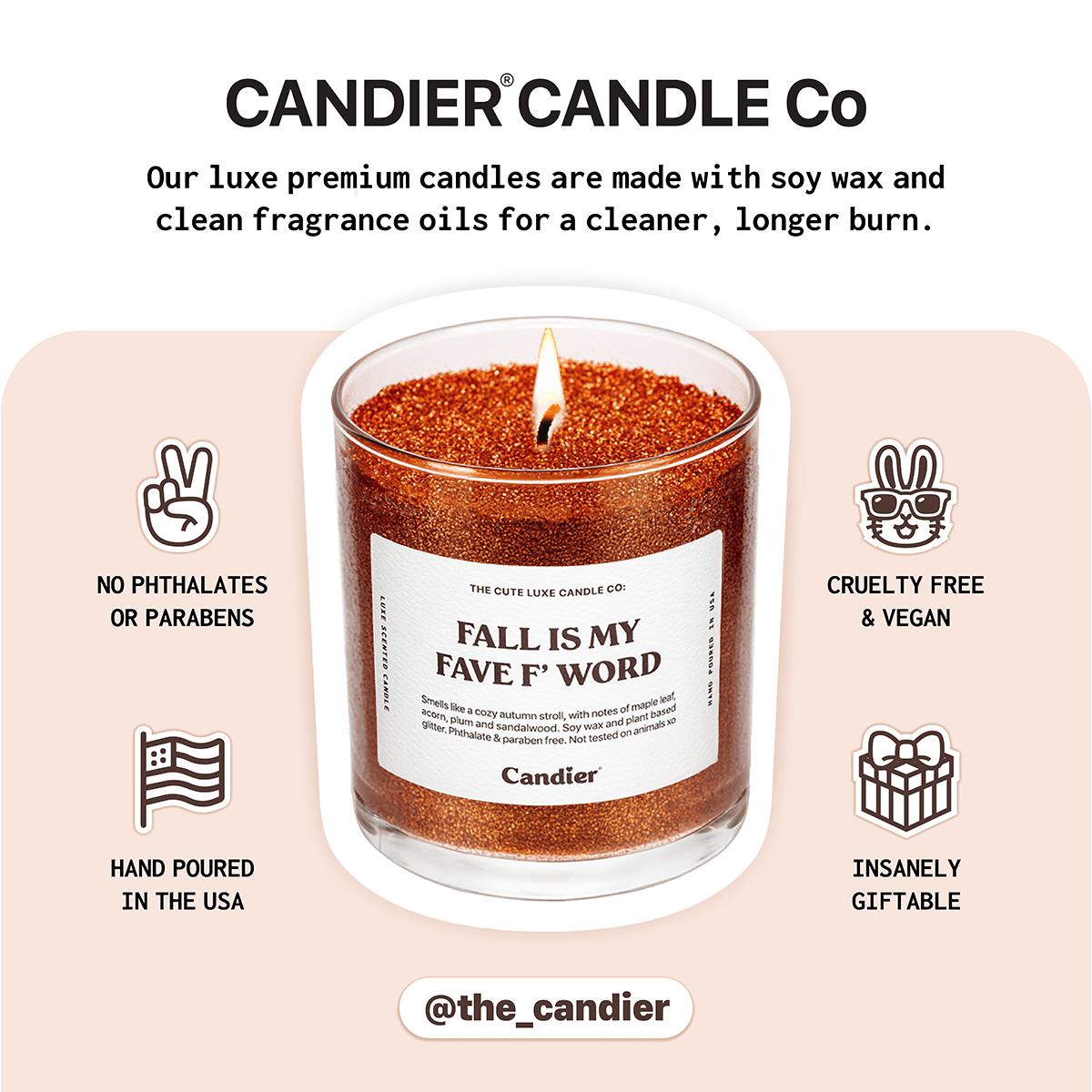 Candier candles, one of the best candle brands, featuring the Fall Is My Fave F Word cute candle with plant based glitter.