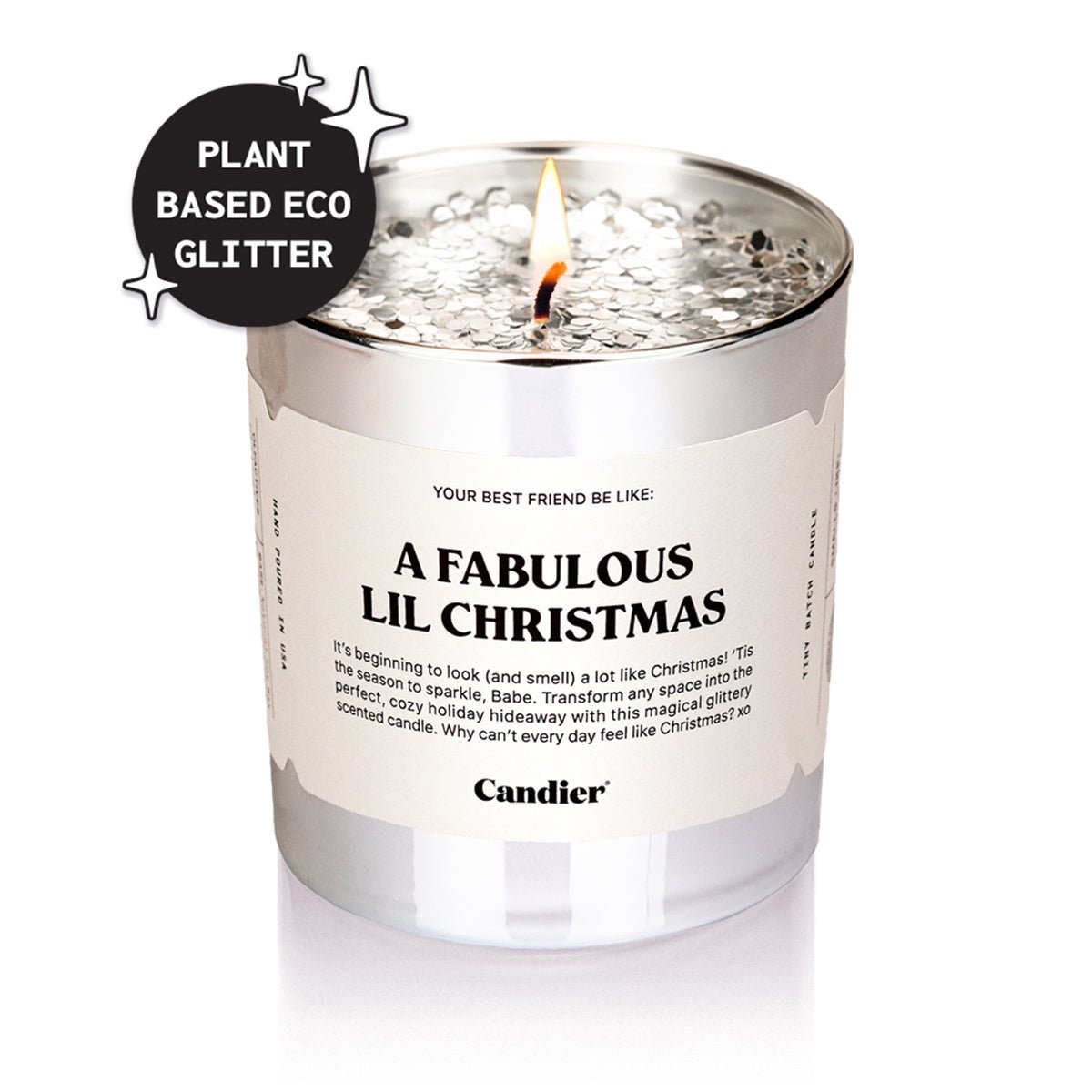 Candier Candles Fabulous Lil Christmas — silver jar with plant-based eco glitter; festive christmas tree candles vibe and classic christmas scented candles pick.