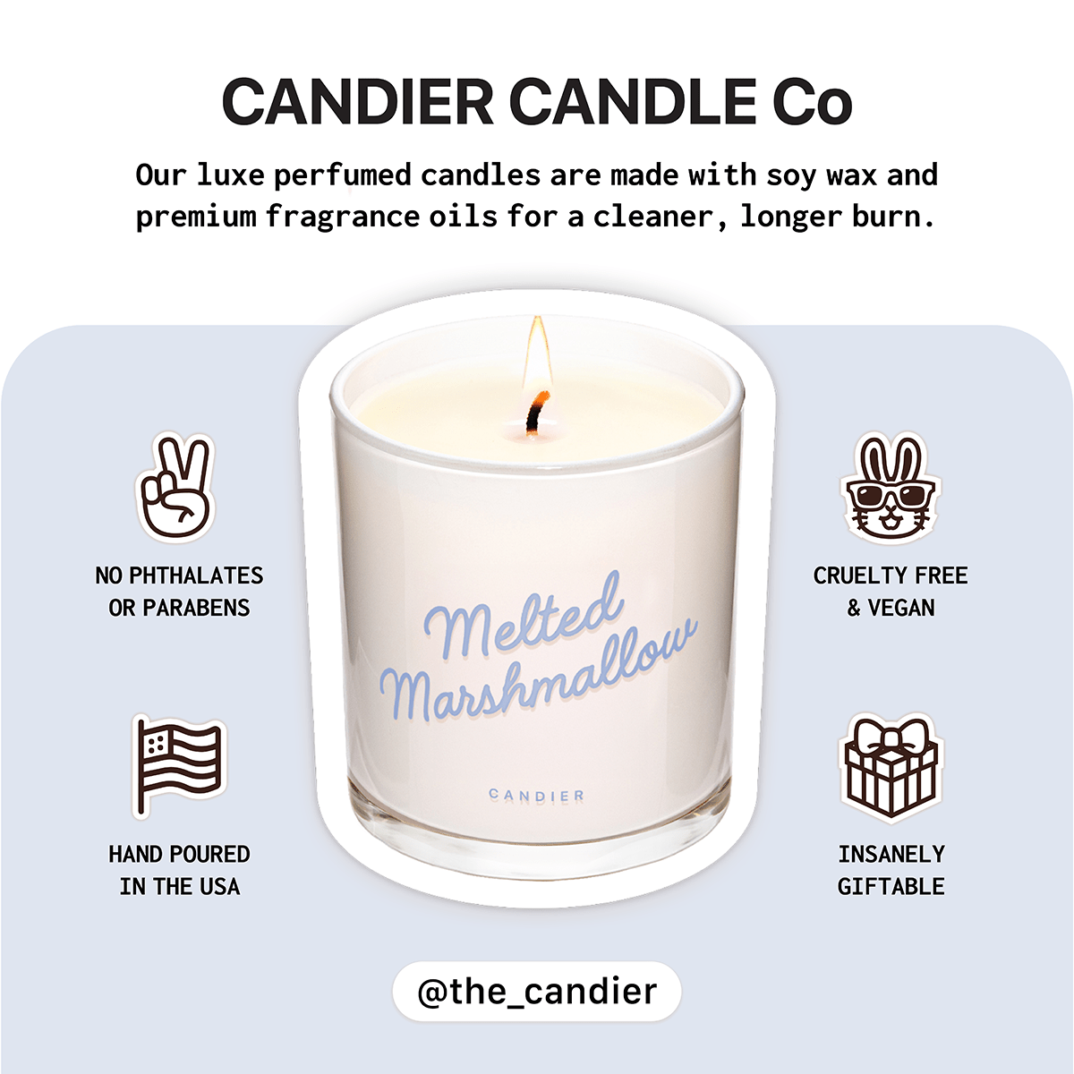 Candier Candles info card â clean, hand-poured brand among the best candle brands; creamy gourmand scent crowd-pleaser.