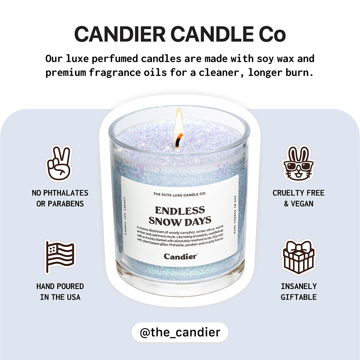 Candier Candle Co info—hand-poured, cruelty-free clean soy; Candier candles among the best candle brands; smart white elephant gift ideas $50 and classic Christmas candles.