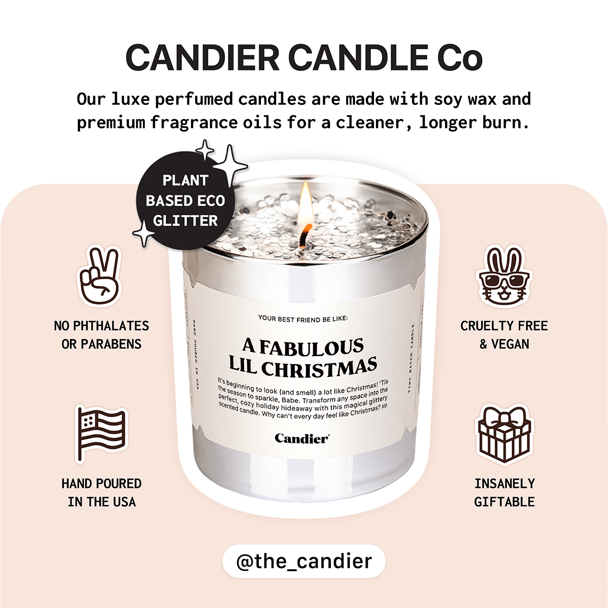 Candier Candles info card — clean, hand-poured christmas scented candles; smart white elephant gift ideas $50.
