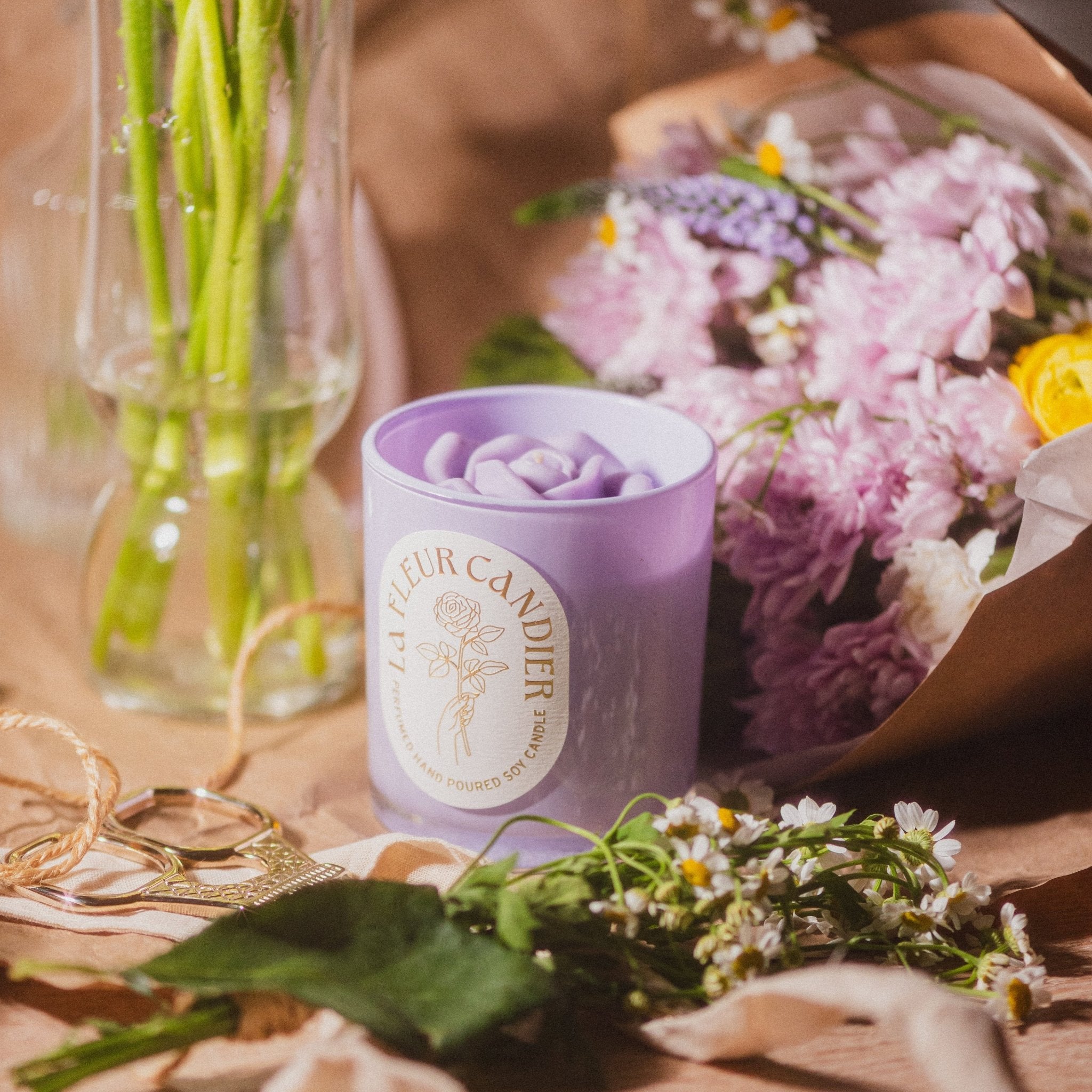Candier candles Jasmine Sambac flower candle styled with fresh florals, a cute candle with floral scents and romantic aesthetic