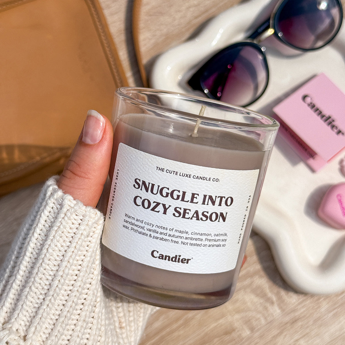 Candier candles Snuggle Into Cozy Season, the ultimate cozy candle and cute gift for her during sweater weather season.