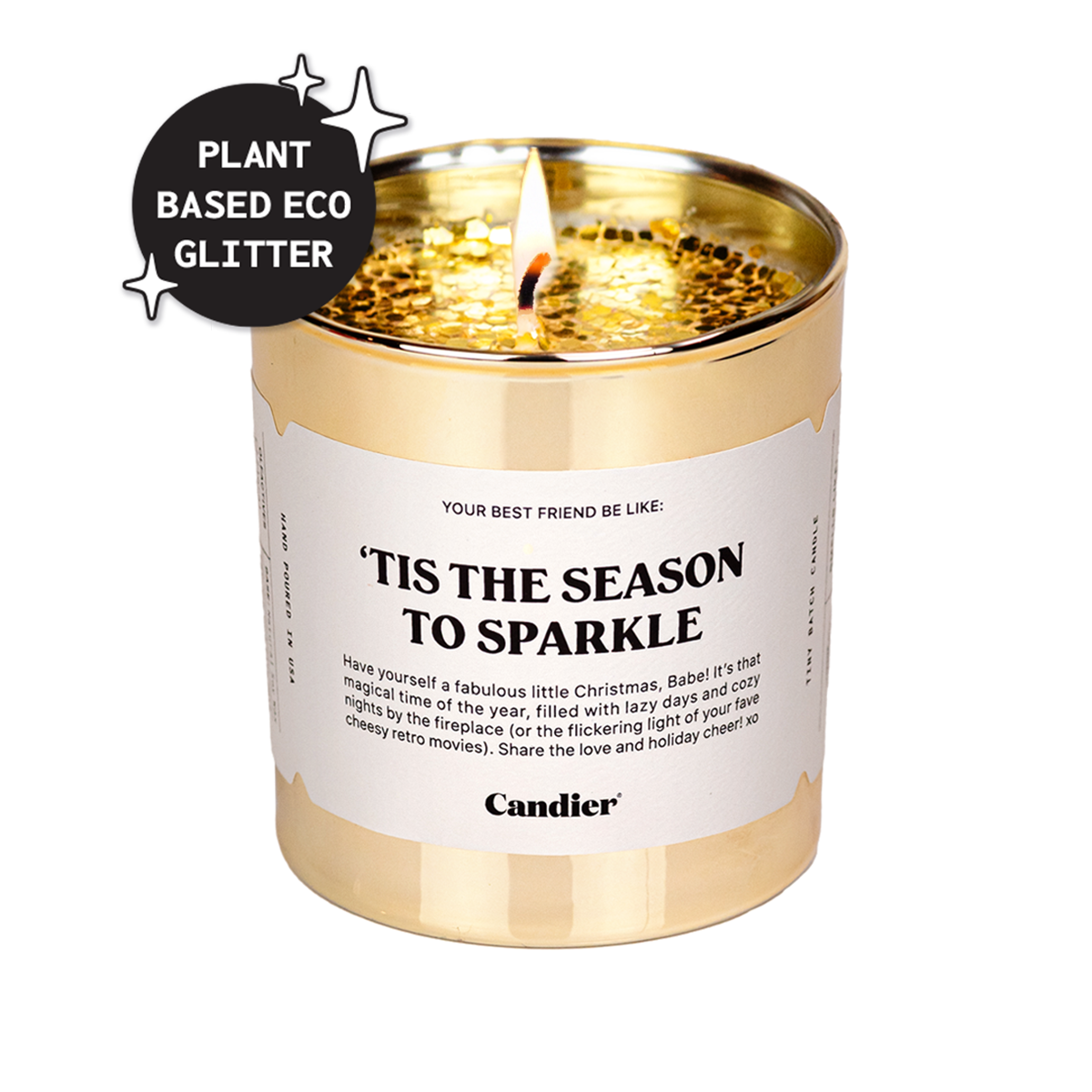 Candier ’Tis The Season To Sparkle — gold jar cinnamon candle with plant-based eco glitter; festive christmas scented candles favorite and best Secret Santa gifts pick.