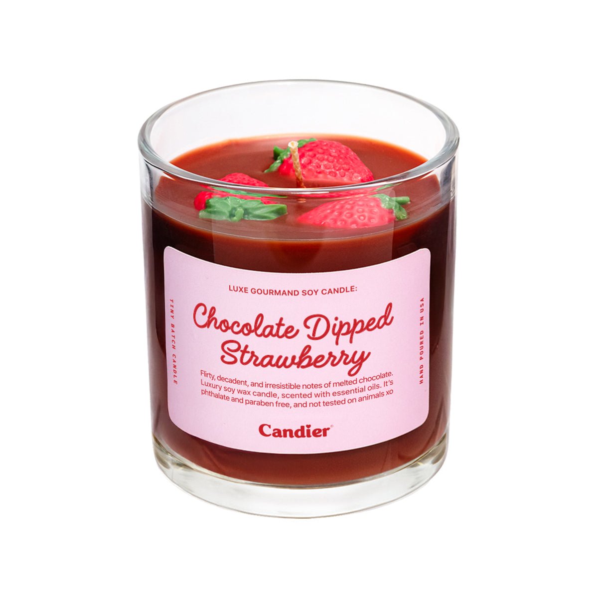 Candier Chocolate Dipped Strawberry dessert candle featuring a realistic strawberry wax topper in a luxury glass jar, perfect for Valentine’s Day gifting