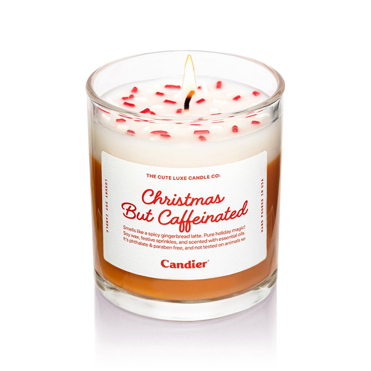 Christmas But Caffeinated Candle front view — cozy gingerbread latte scented coffee candle, cute Christmas gift for coffee lovers and best gifts for teen girls.