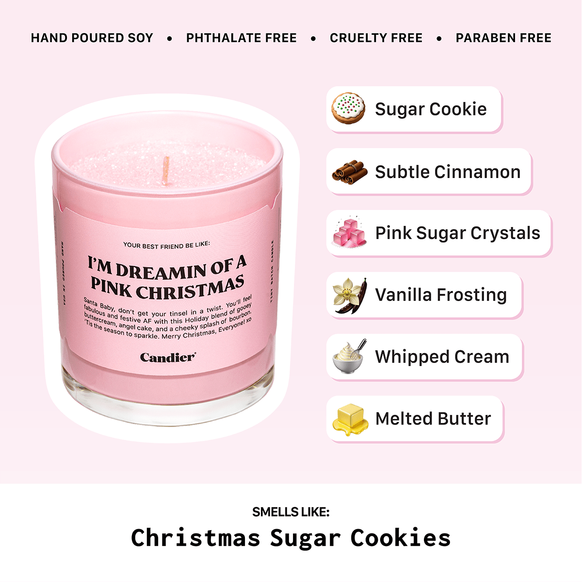 Christmas candle scent chart showing pink sugar cookie and vanilla frosting notes â luxe aesthetic cute candle perfect for Christmas gifts for sisters.