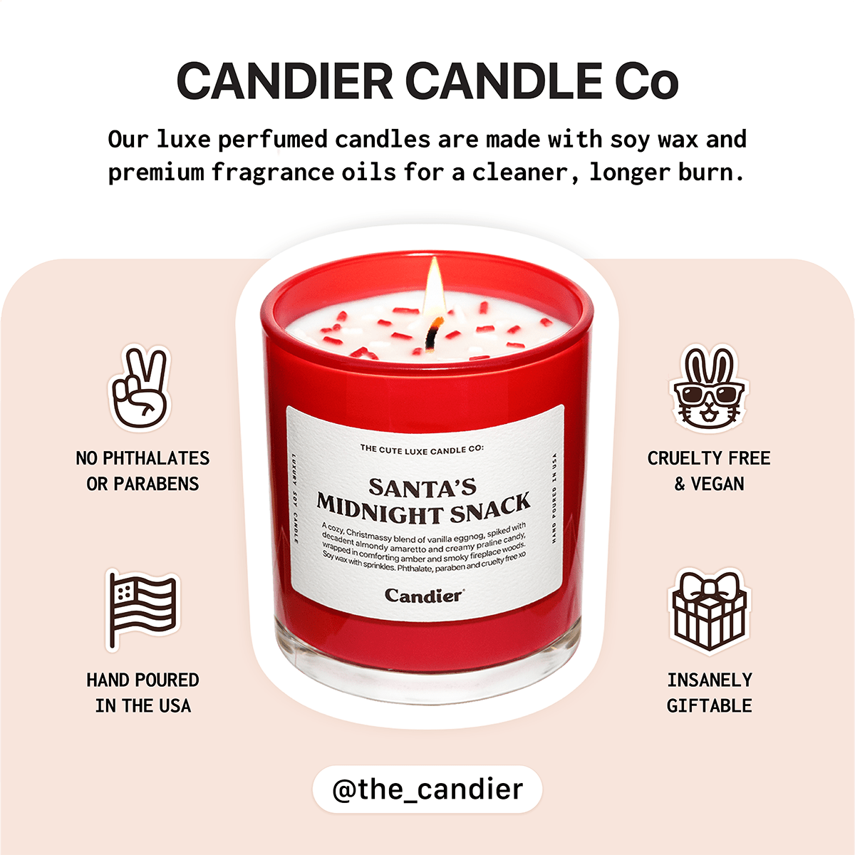 Candier candles info card ā hand-poured clean soy, cruelty-free; one of the best candle brands for luxe aesthetics and gifting.